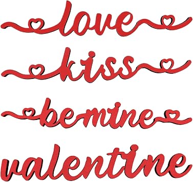 12 Pcs Red Valentine's Day Tabletop Wood Cutouts with Love Kiss Valentine Be Mine Sign Wooden Plate Letter Sign Decor for Valentine's Day Christmas Party Favor Decoration Red