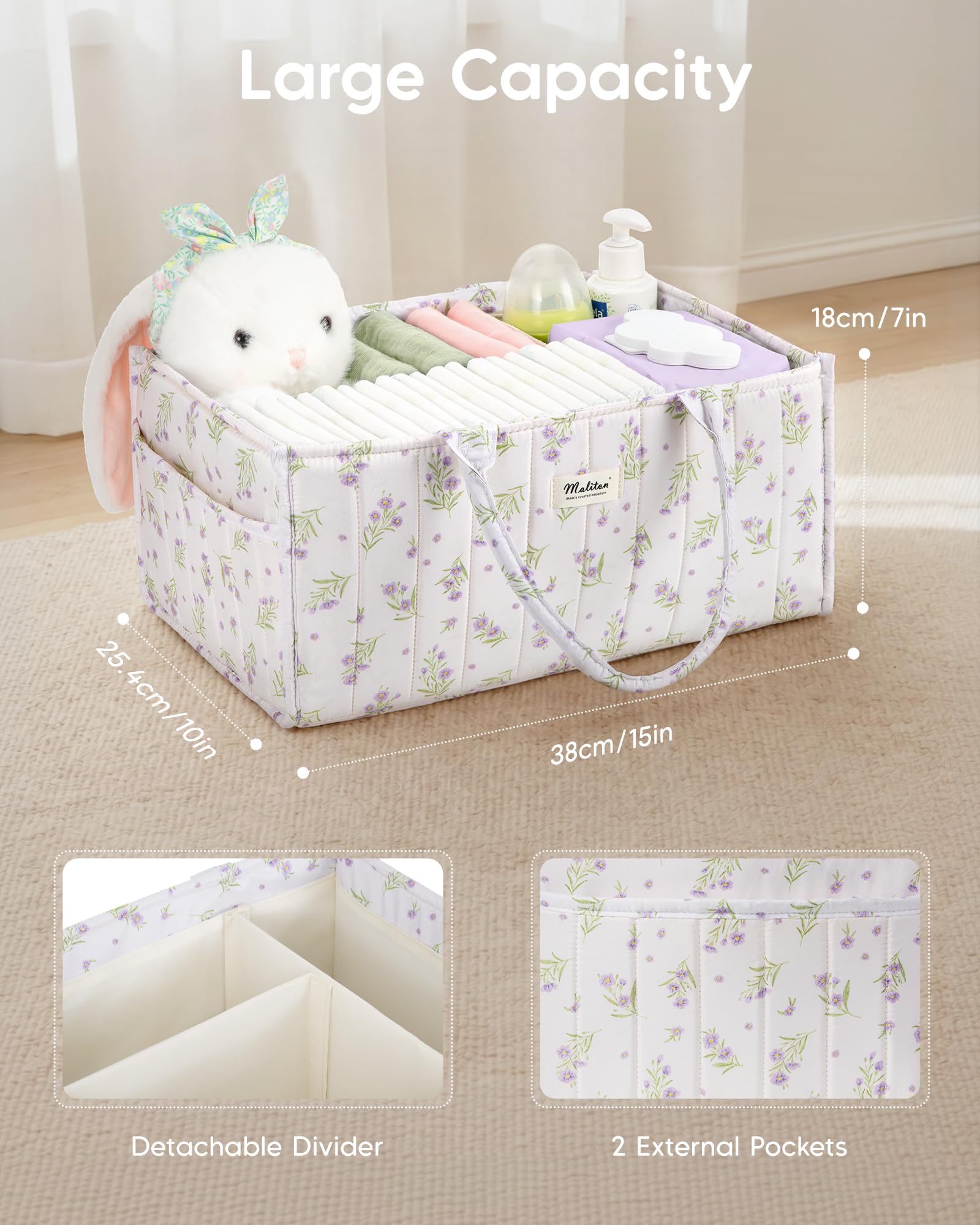 Maliton Panier Rangement Bébé, Organiseur table à langer, panier de rangement pour couches avec compartiments et poignées, essentiels nouveau-né, cadeau naissance bébé, Fleurs violettes
