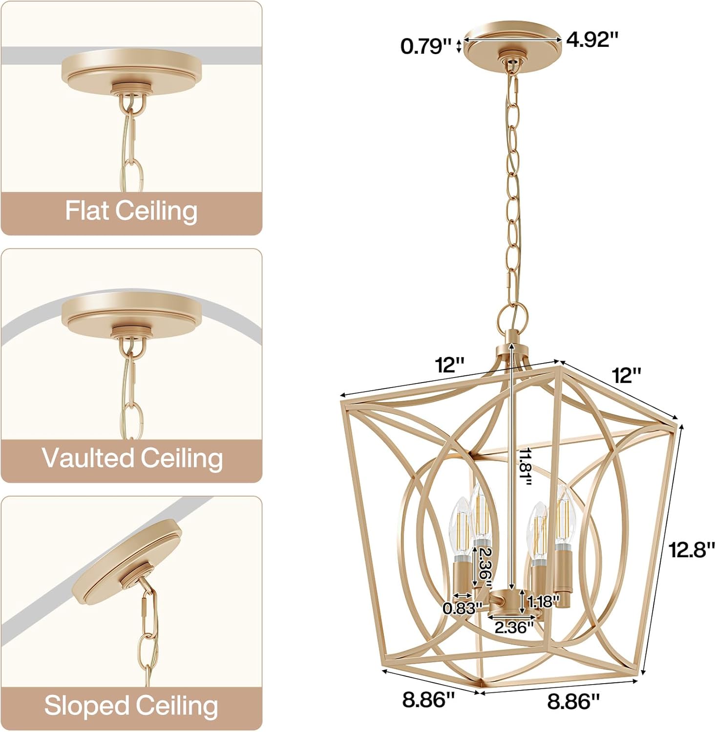 Tribesigns 4-Light Farmhouse Chandelier, Gold Rustic Metal Cage Adjustable Industrial Hanging Pendant Light Ceiling Fixture for Kitchen Island, Dining Room, Entryway UL Listed, E12 Base