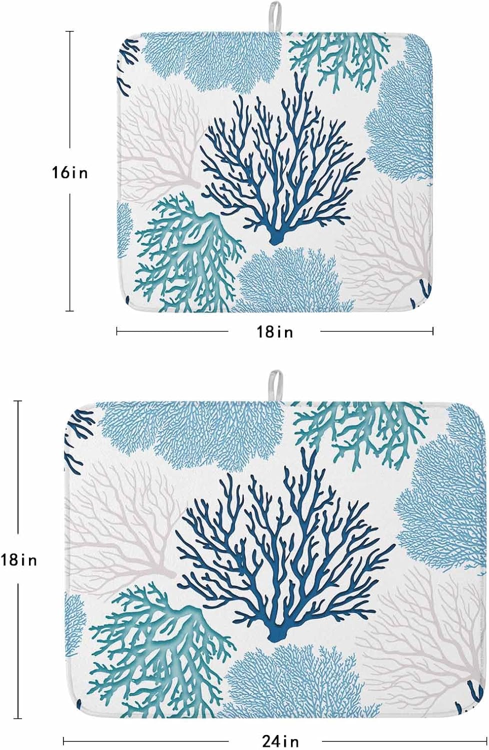 Blue Coral Dish Drying Mat for Kitchen Counter, Summer Beach Teal Grey Baby Bottle Microfiber Drying Pad, Ocean Nautical Coastal Absorbent Coffee Cup Dishes Drainer Mats 18"x24"