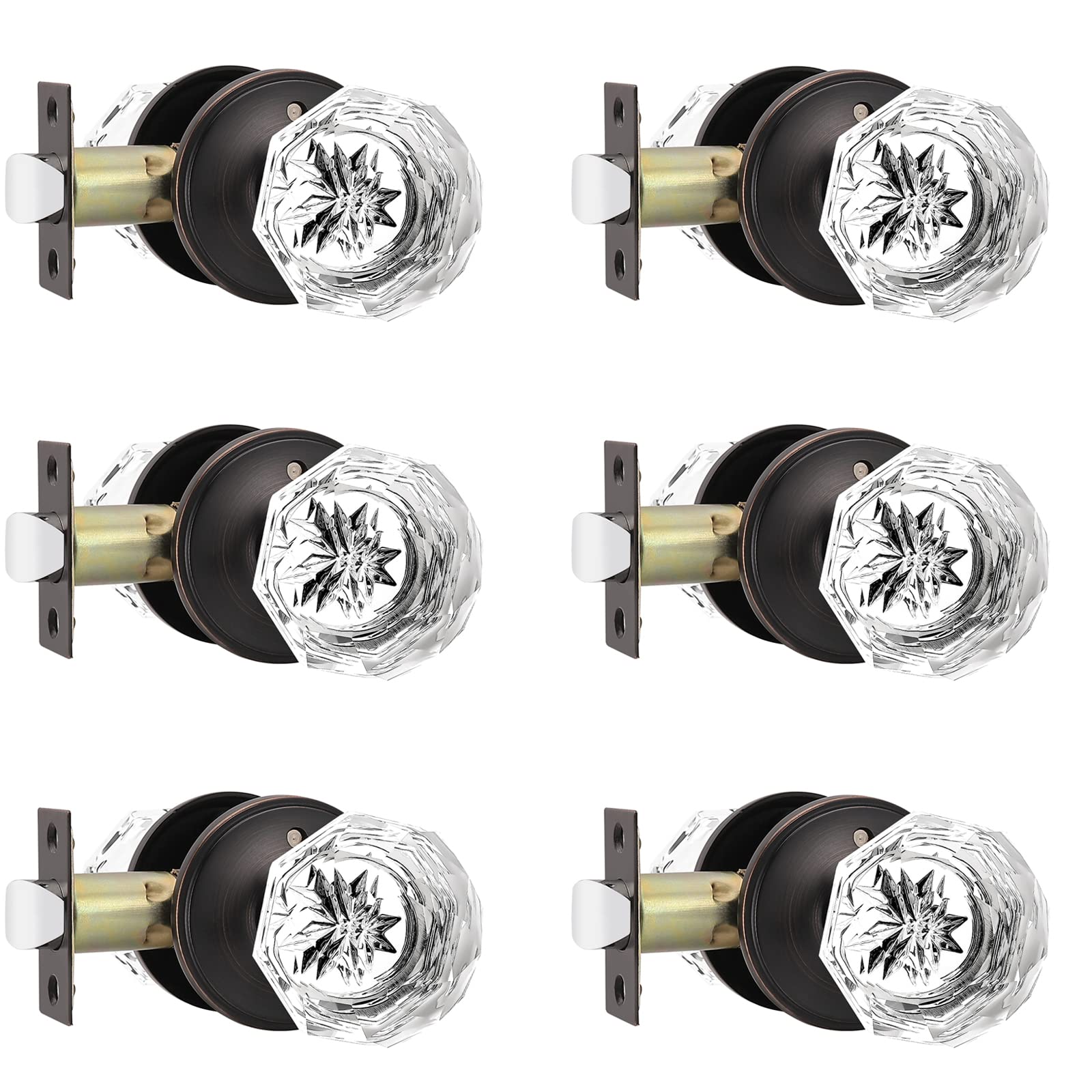 Probrico Hardware (6 Pack) Diamond Crystal Door Knobs, Keyless Knobs Privacy Function for Bed and Bath Doors, Classic Round Glass Door Lock Oil Rubbed Bronze Perfect for Replacing Broken Antique Lock