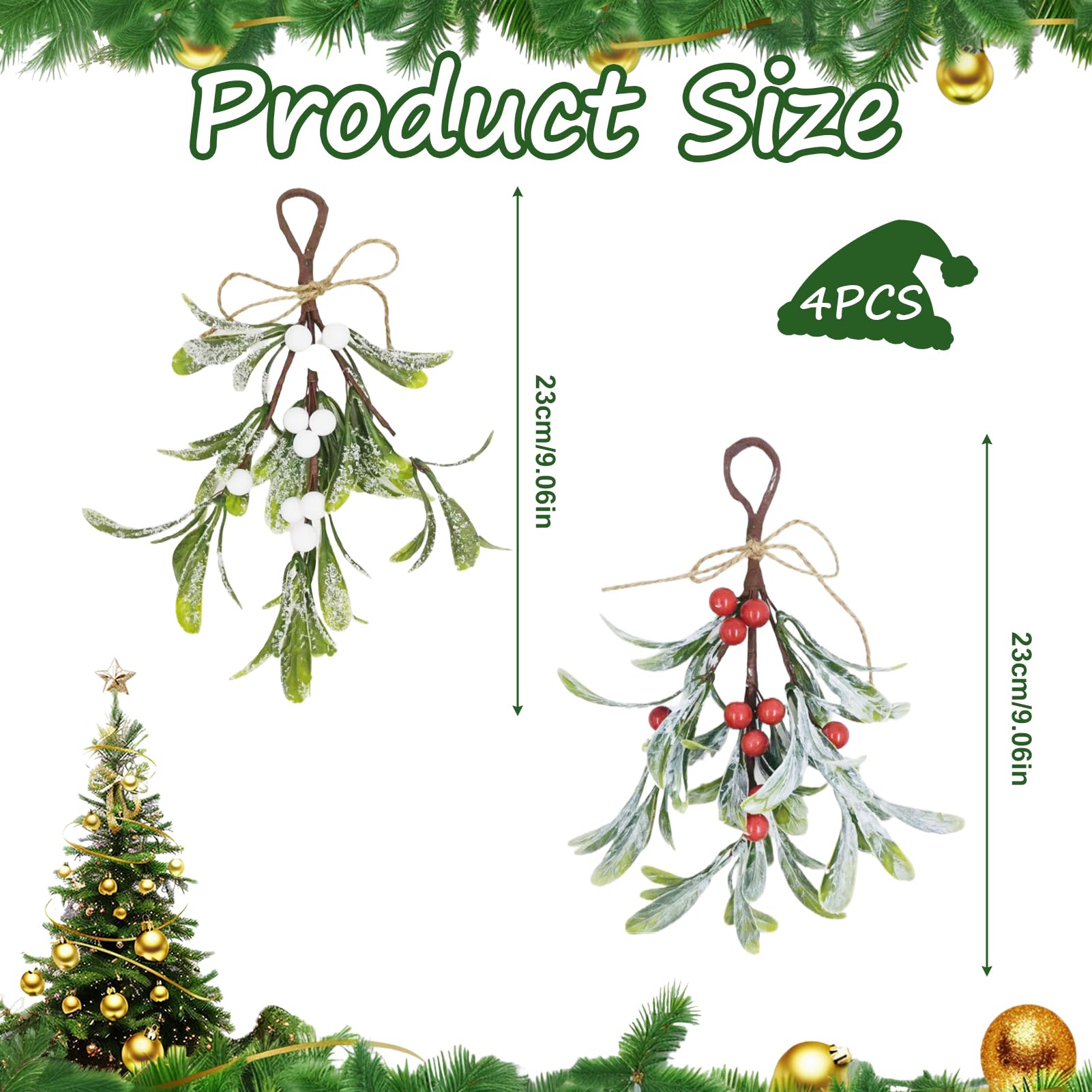 Sztuczna jemioła, dekoracja bożonarodzeniowa, 4 szt., 23 cm, błyszcząca dekoracja jemioły, z białymi czerwonymi jagodami, akcesoria choinkowe, wisząca dekoracja z suchych liści, błyszczący wiszący