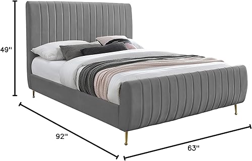 Vista 3 de Meridian Furniture Colección moderna Zara Cama tapizada de terciopelo contemporáneo con acolchonamiento de canal profundo y patas doradas a Gris