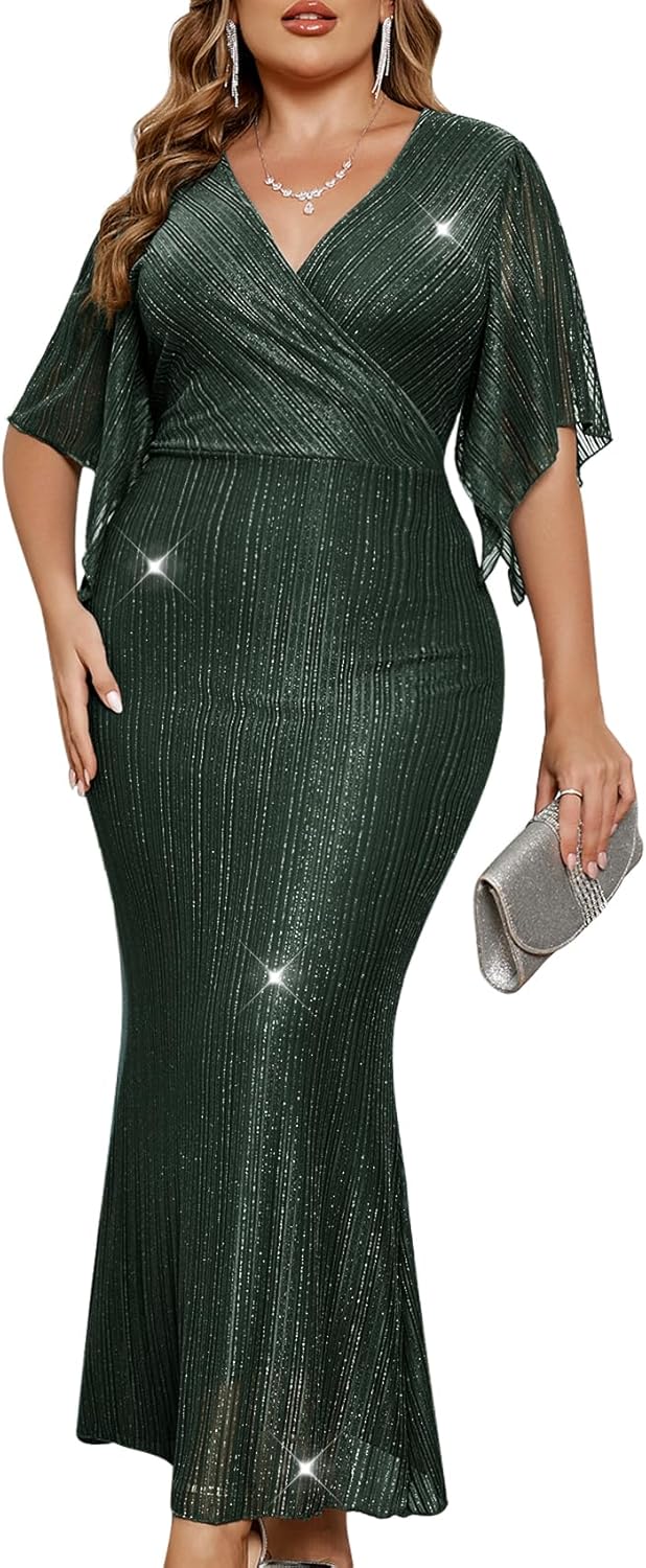 ZOMVA Plus Size Maxi Formal Dress Sparkly V-Neck Mermaid Wrap Evening Gown Cocktail Prom Glitter Handkerchief Sleeves