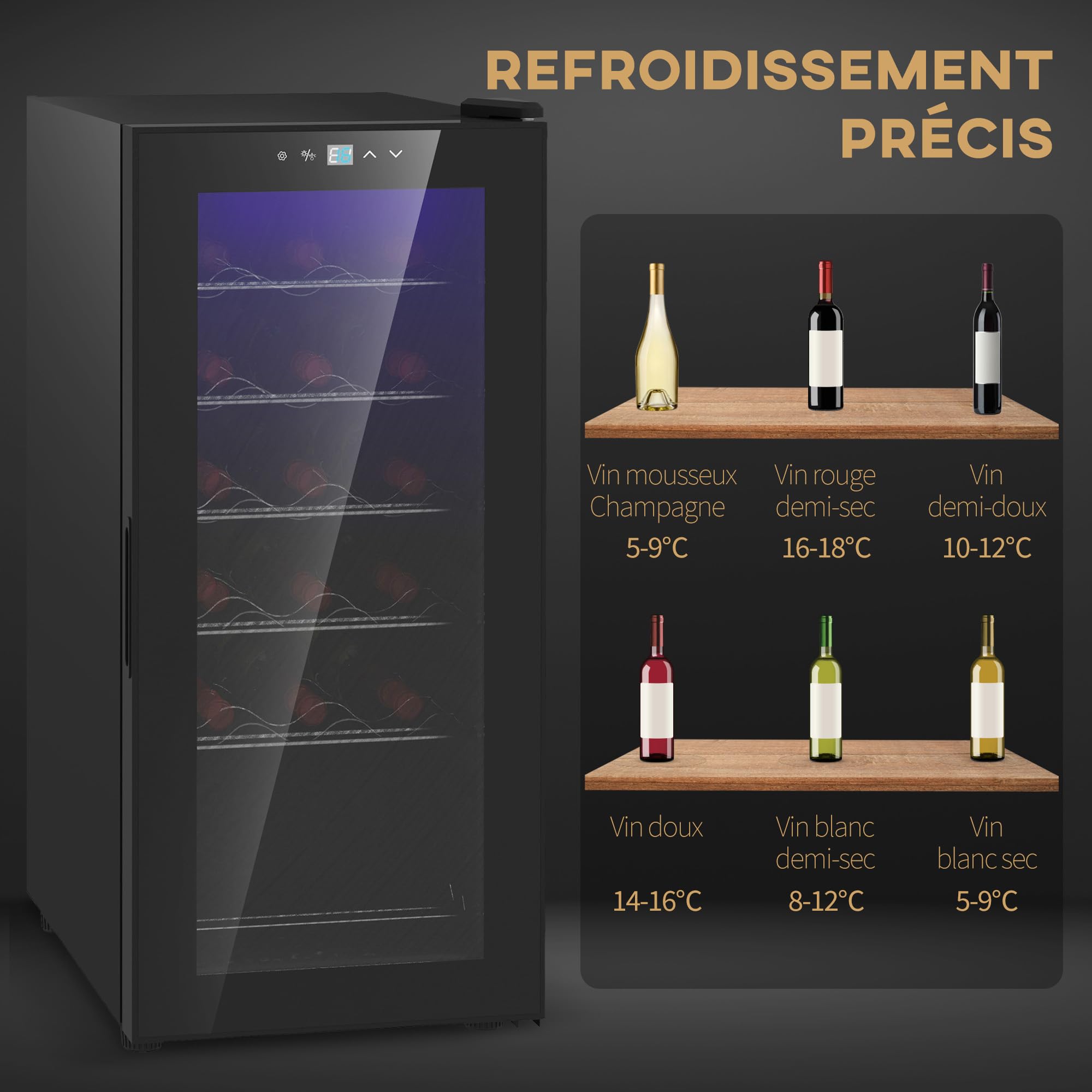 HOMCOM Cave à Vin 18 Bouteilles 50L, Réfrigérateur à Vin Silencieux, Porte en Verre, Étagères Réglables, Éclairage LED, Écran Tactile, Contrôle Température 5-18°C, Noir