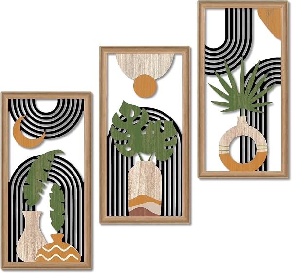Putuo Decor Lot 3 tableaux muraux encadrés, art abstrait botanique noir blanc terracotta, motifs arcs géométriques, cadres bois clair, décoration salon chambre bureau entrée - 1