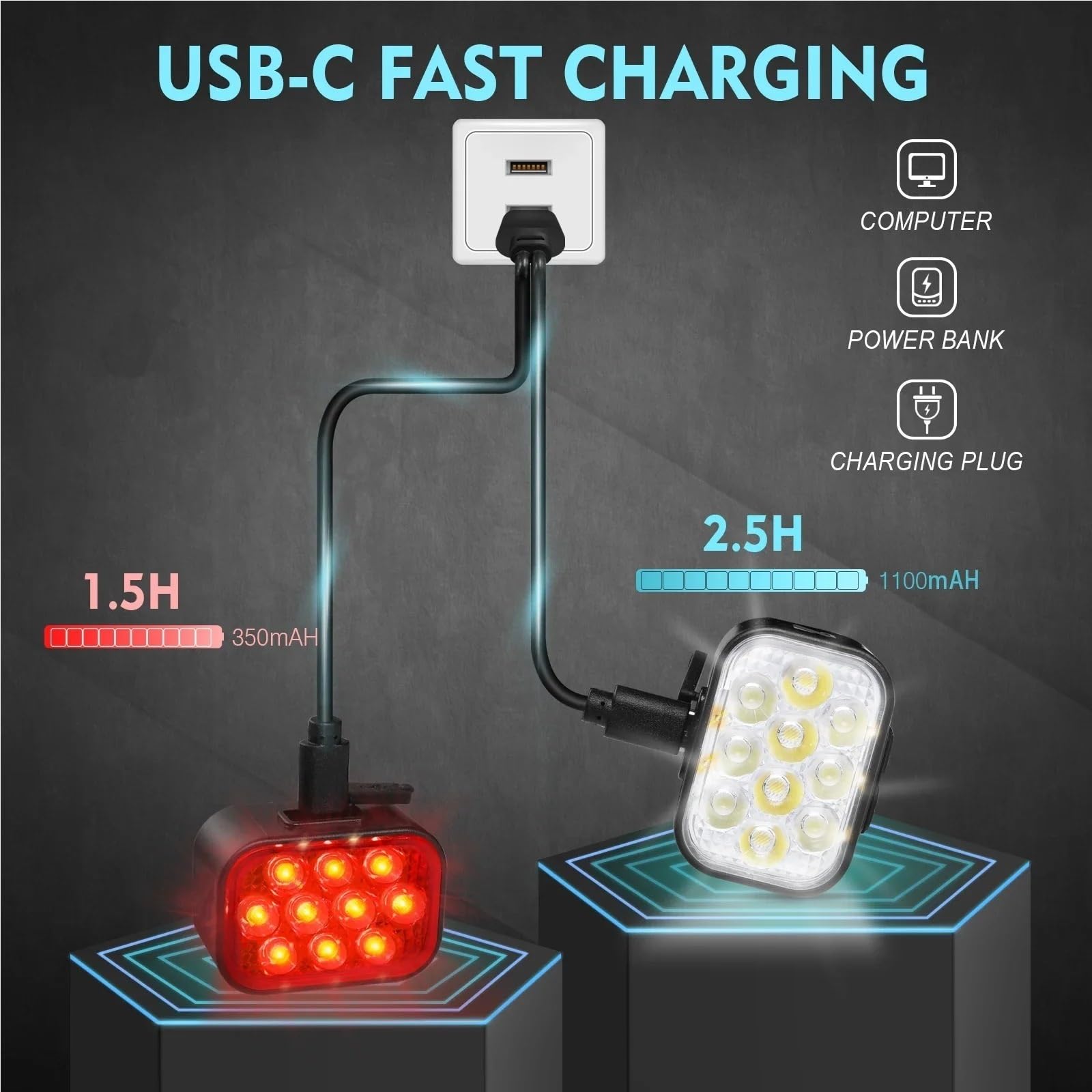 reflektory przednie Lampa przednia LED do roweru z ładowaniem przez USB, lekka, tylna, wodoodporna, tylna, latarka lampą halogenową(Front-Rear Light)