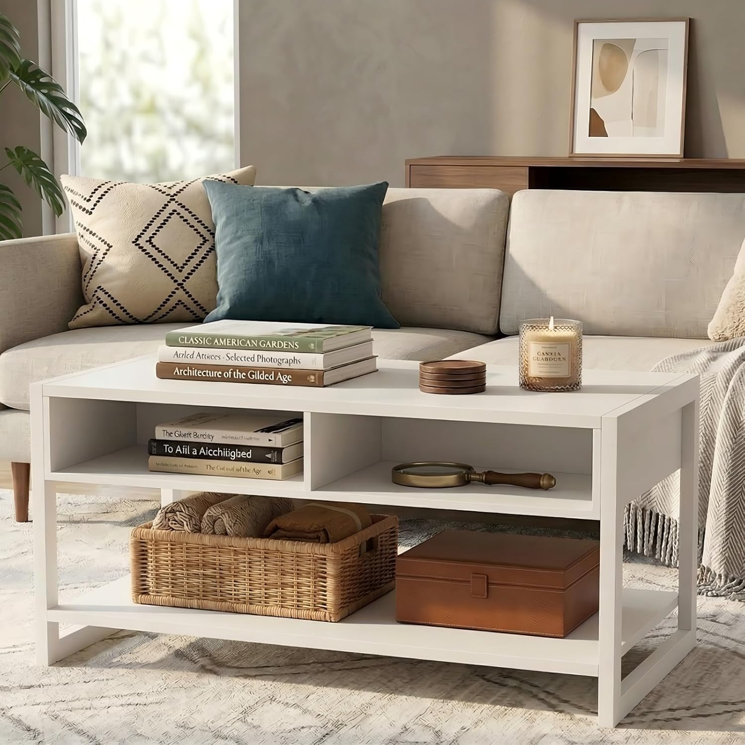 Multi-Functional Coffee Table with Foot-Sensor Light, 2 Large Drawers & Open Shelf, Sturdy Frame Versatile Coffee Table with Vintage Metal Handle for Living Room/Office/Outdoor Patio