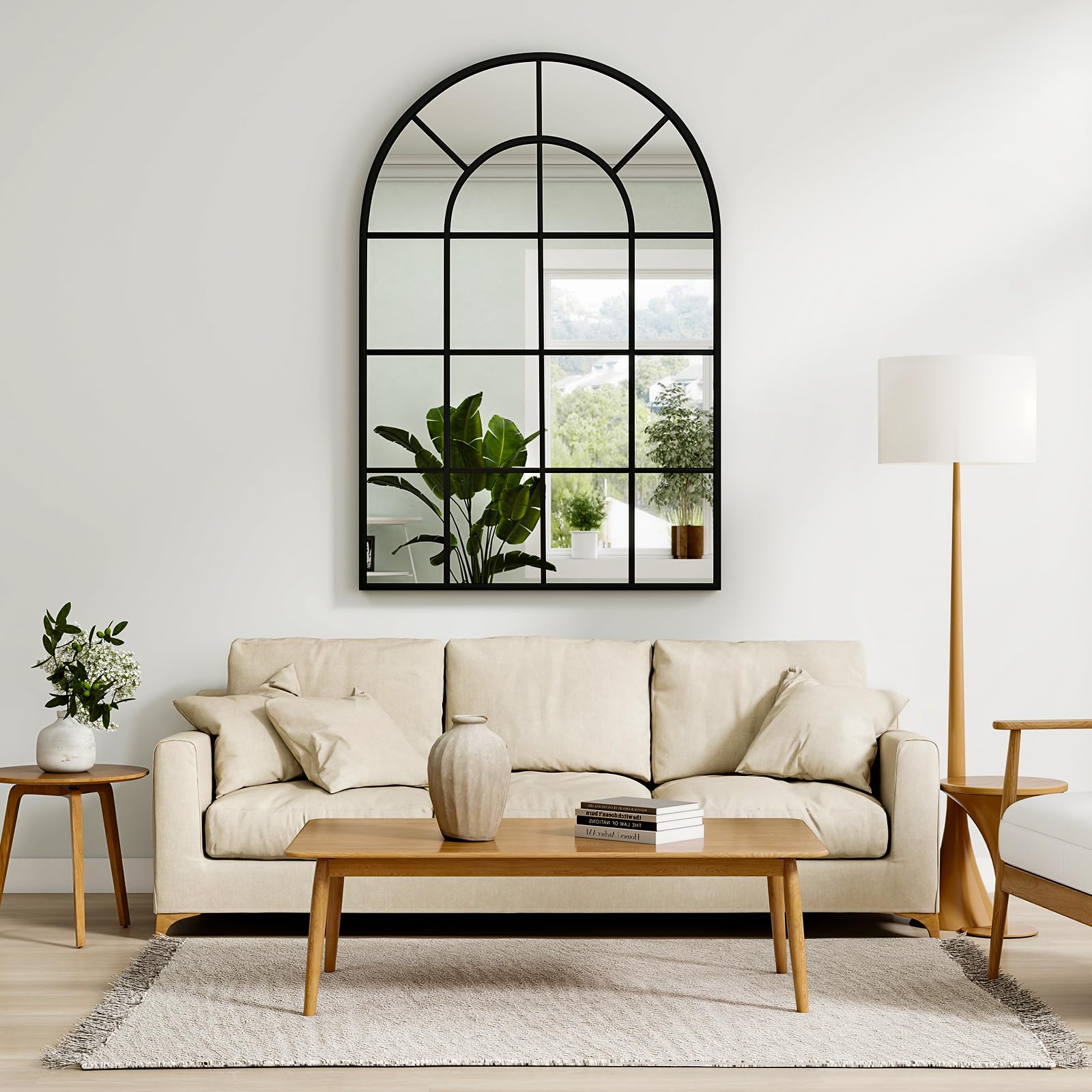 24"×36" Windowpane Arched Wall Mirror, Grid-Designed Decorative Farmehouse Wall Mounted Mirror with Metal Frame Hanging Leaning for Entryway, Living Room, Home Decor, Black