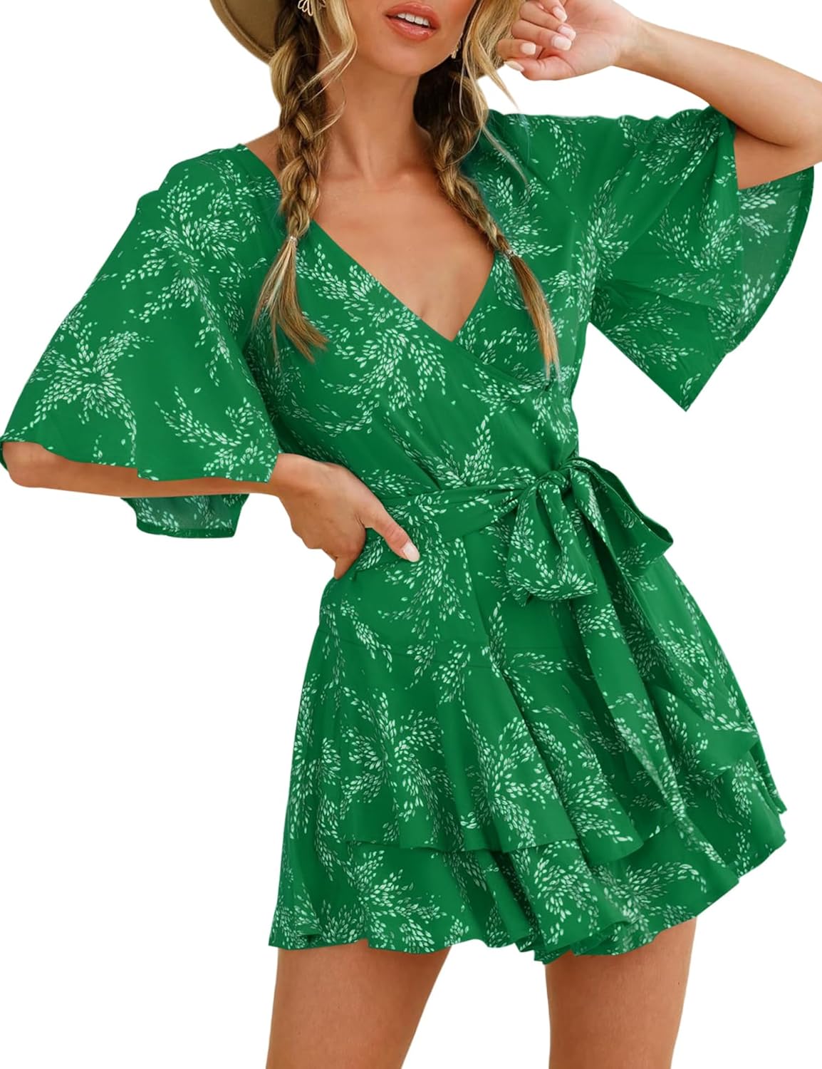 AIMCOO Womens Summer Short Flared Sleeve Romper V Neck Floral Print Jumpsuit Waist Tie Layer Ruffle Hem Dress Look Rompers - Image 5