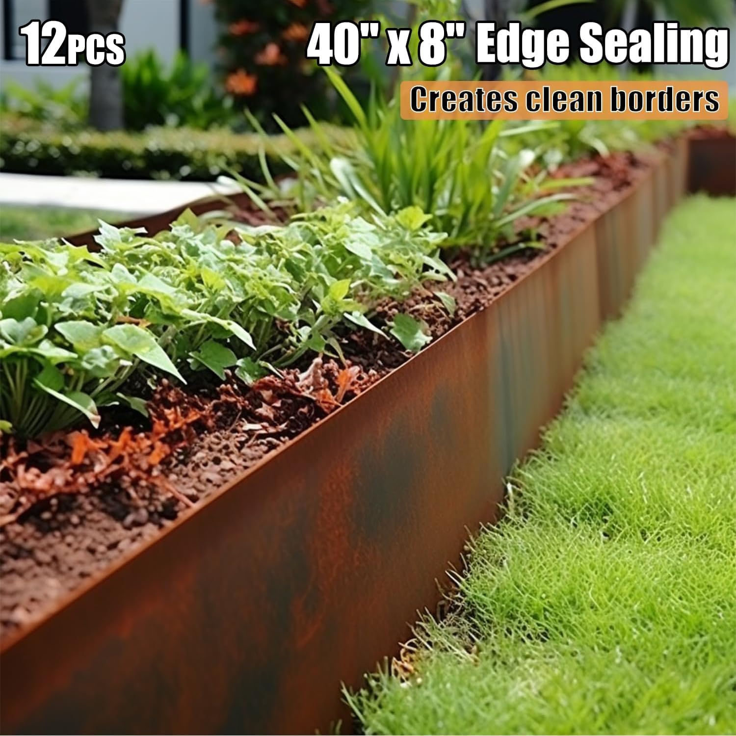12 Pack Cor-Ten Steel Landscape Edging with Rust Patina Finish, 40" L x 8" H Strips, 40FT Total Steel Lawn Edging for Lawn, Garden, Flowerbed