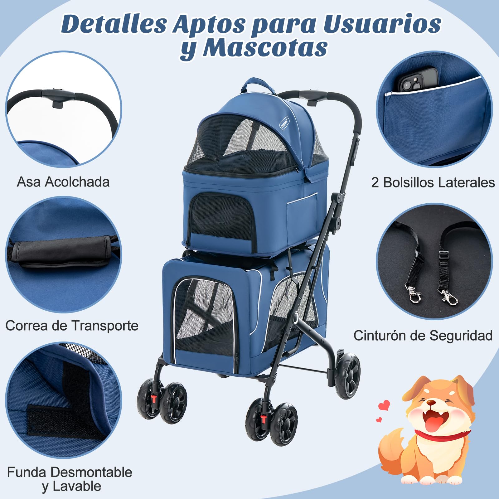 COSTWAY Cochecito para Perros Plegable, 3 en 1 Carrito para 2 Perros o Gatos, con 2 Transportines Desmontables, Cinturón de Seguridad, Cojines Desmontables, Carrito de Viaje para Mascotas (Azul)