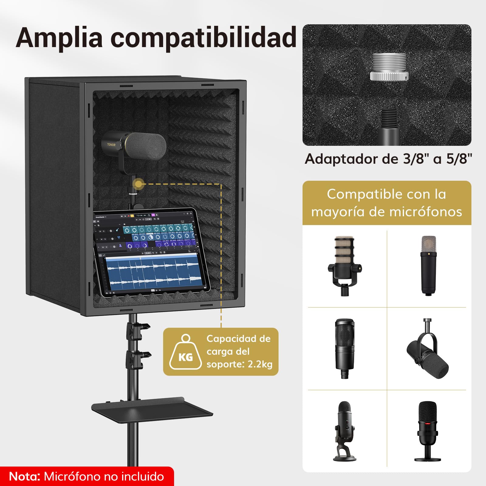 TONOR Escudo de Aislamiento de Micrófono para Estudios, Caja de Espuma Acústica Enmarcada para Grabación Profesional, Filtro de Micrófono para Absorción de Sonido, Cabina Vocal, Podcast, 190 cm
