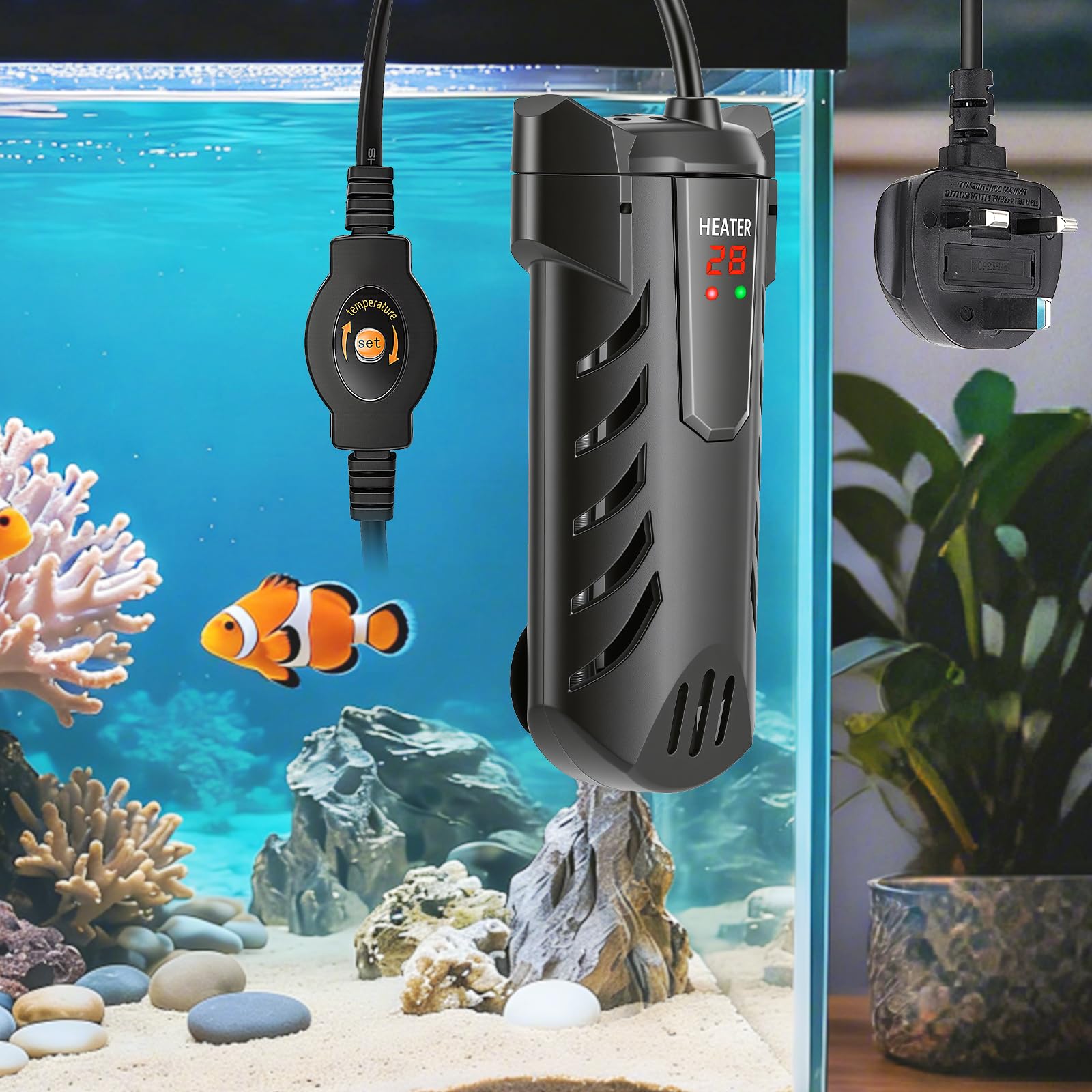 100W Aquarium Heater, Submersible Fish Tank Heater with External LCD Thermostat, Auto Shut-Off Dry-Burn Protection, 4 Suction Cups, 1.25m Cord – For Freshwater & Saltwater Tanks up to 50 Litres