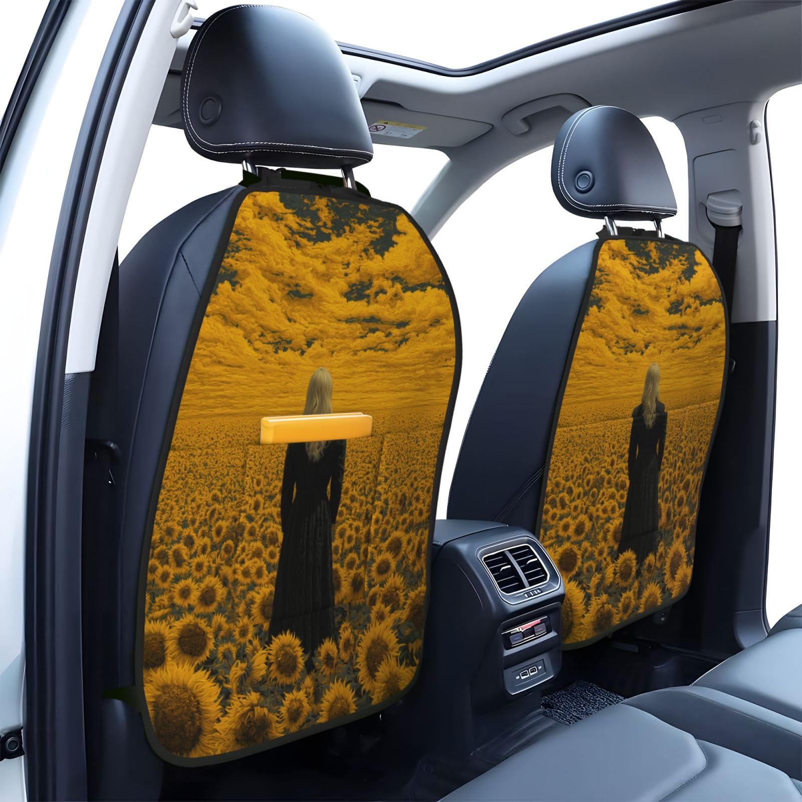 Blonde Hair Woman In Sunflower Field Car Seat Back Kick Protectors,2 Pack Kick Mats With Storage Pockets For Vehicles To Protect From Dirt Mud Scratches