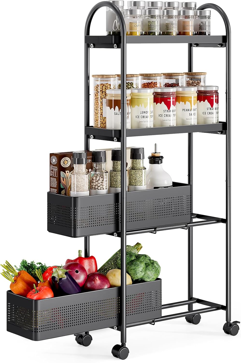 KINGRACK 4-Tier Slim Storage Cart with Pull Out Basket, Rolling Bathroom Organizer Utility, Metal Shelving Unit Slide Out, Lockable Wheels, Easy Assembly for Narrow Place, Kitchen, Laundry Room, Black Black 4-Tier-2Bkt