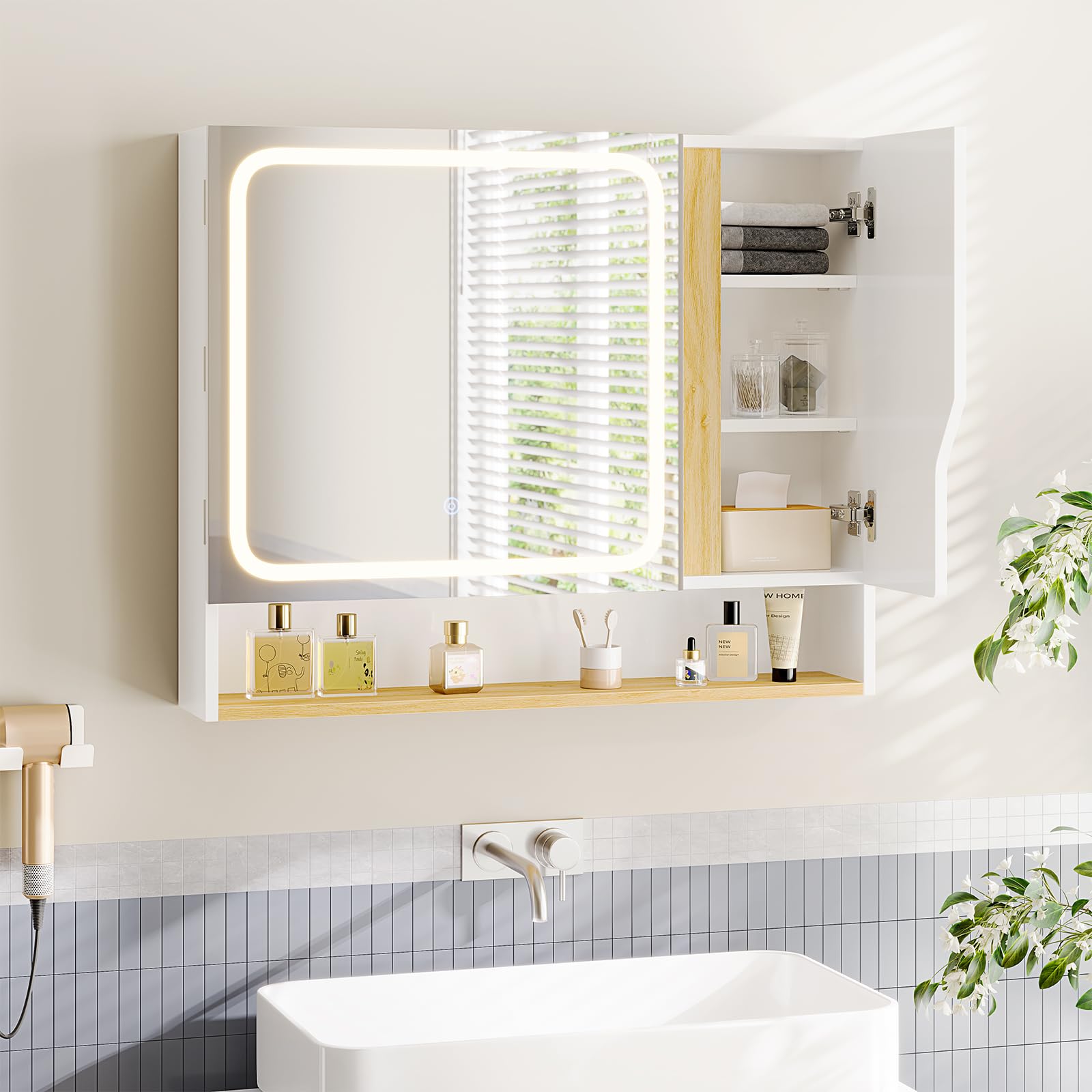 Meuble de Salle de Bain avec Éclairage LED et Miroir HD, Armoire Miroir Salle de Bain avec 3 Étagères Réglables，Température de Couleur Réglable, Armoire de Toilette, 80x16x65 cm, Blanc