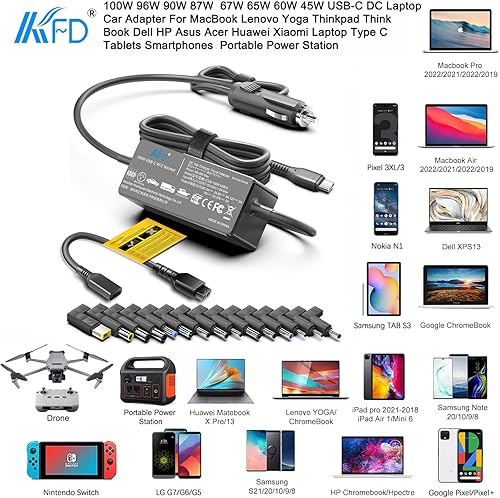Miniatura 2 de KFD Cargador universal de coche para portátil PD 100 W 90 W 87 W 67 W 65 W 61 W 45 W USB C DC adaptador para MacBook Surface Lenovo Dell HP Gateway