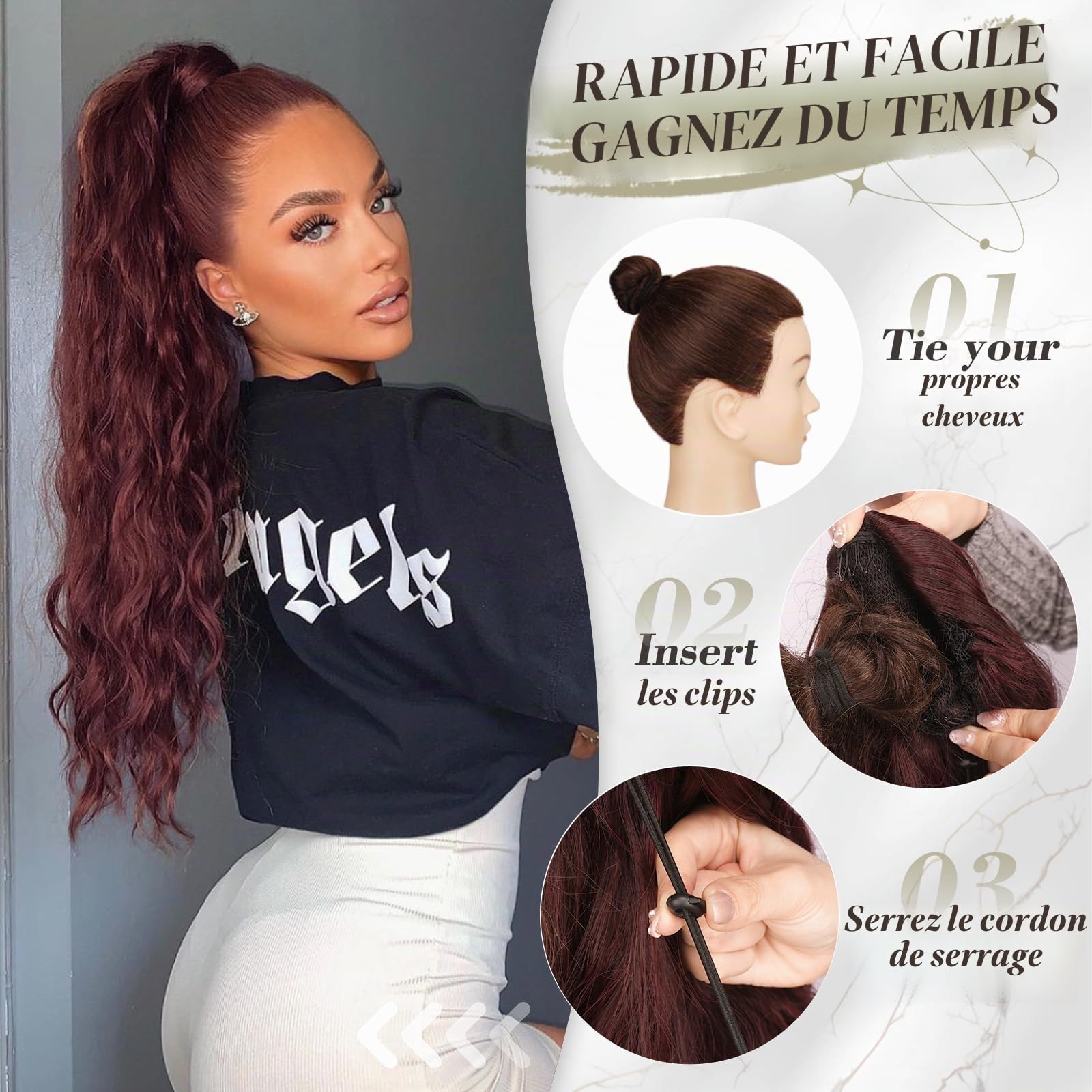 BARSDAR Rouge Cuivré Queue de Cheval Extension, 66cm Cordon Queue de Cheval Extension de Cheveux pour Femme, Longue Bouclé Ondulées Synthétique Clip en Queue de Cheval Postiche, Cowboy Rouge Cuivré
