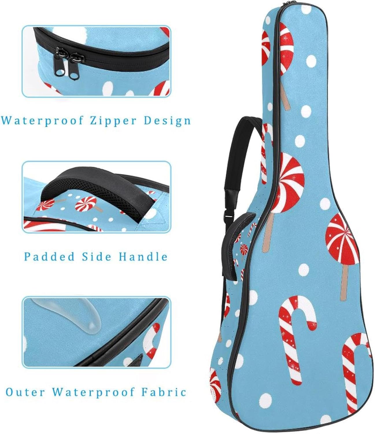 Acoustic Guitar Gig Bag 10mm Thick Padding, Soft Waterproof Guitar Case with Adjustable Backpack Straps for 40-42 Inch Guitar, Christmas Candy Cane and Lollipop Blue Background