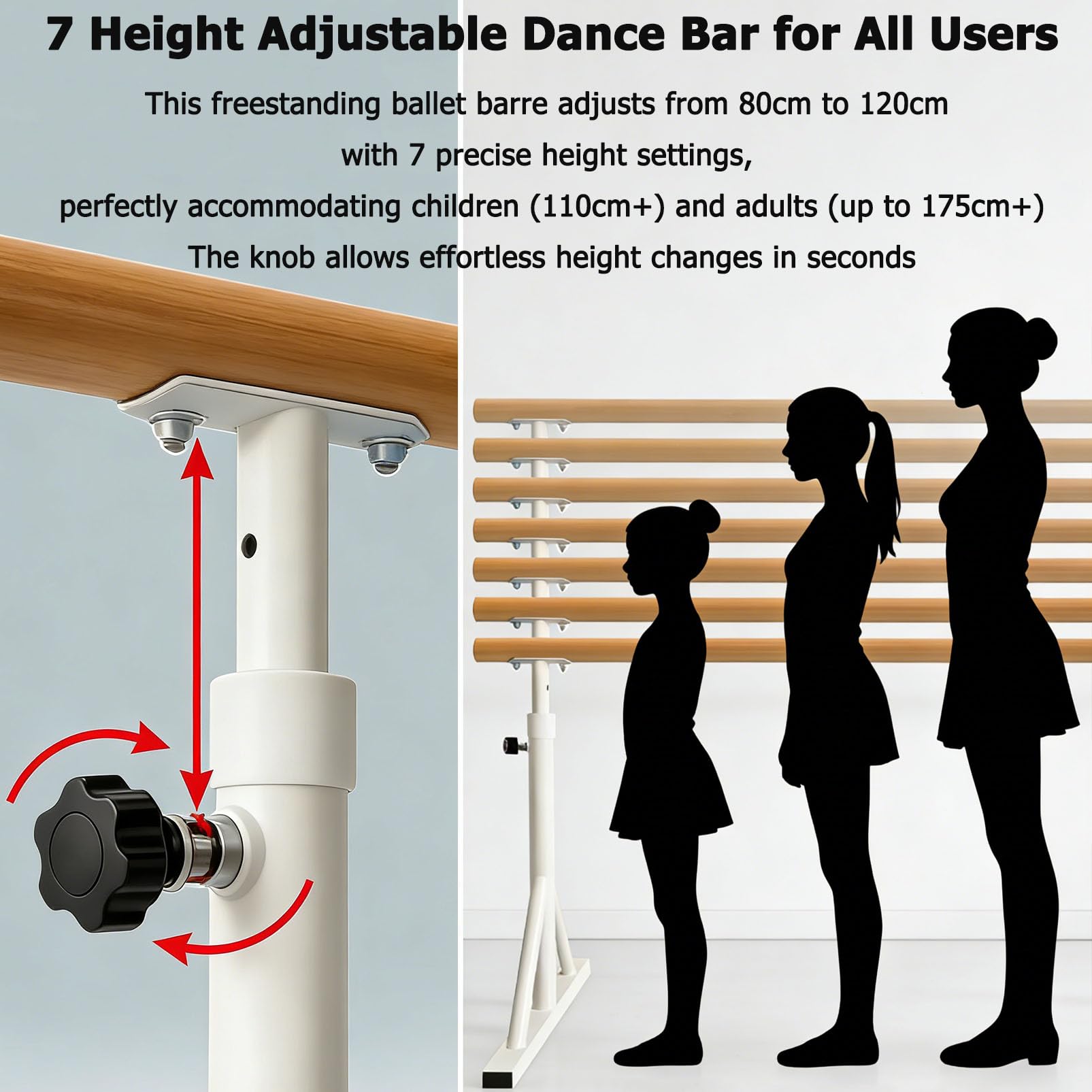 Generico Sbarra per Balletto Autoportante Portatile, 7 Altezze Regolabili Sbarra per Danza in Legno Massello, 80-120cm, Sbarra per Allungamento Robusta per Bambini Adulti Casa Studio Balletto Pilates