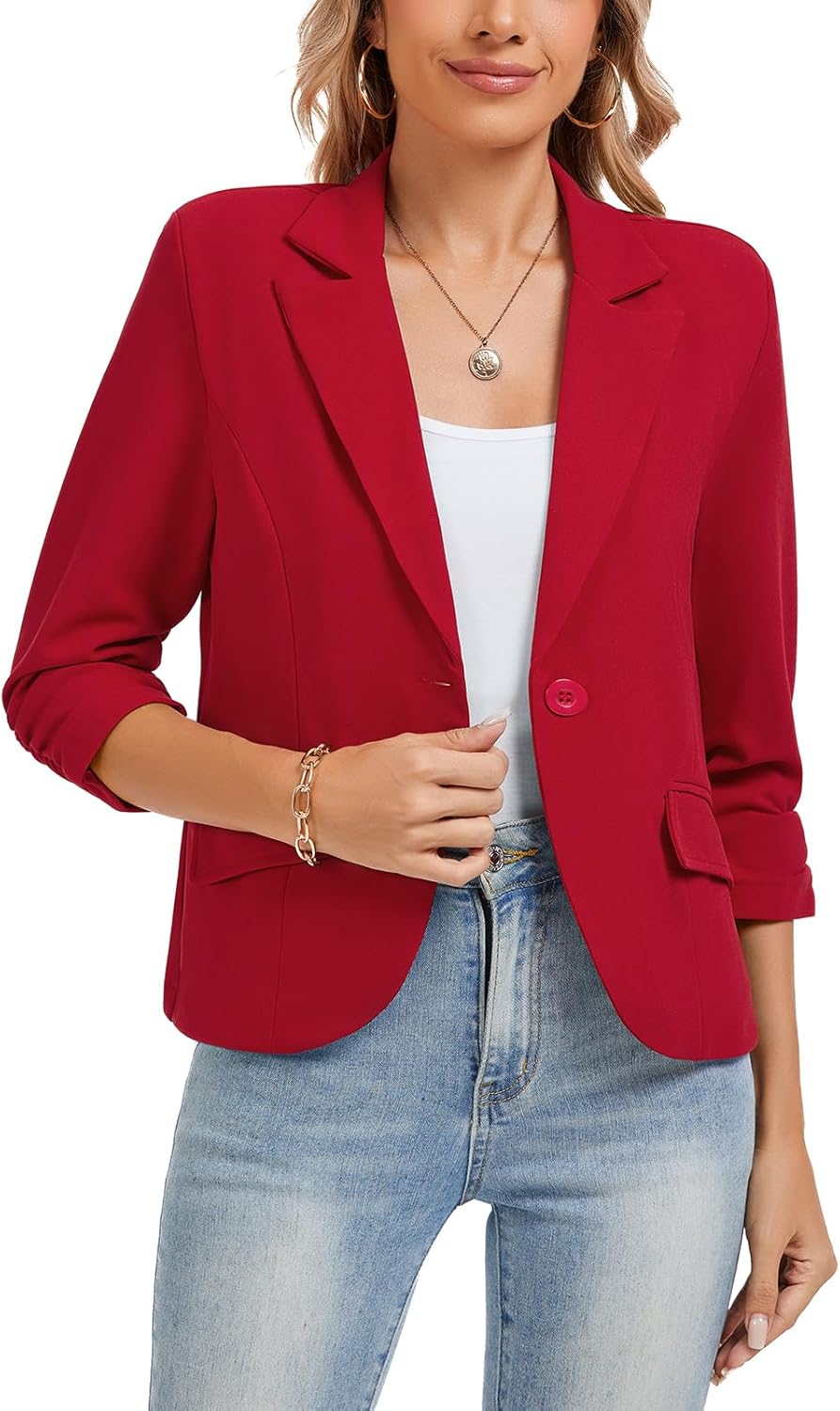 Women's Work Office Cropped Blazer 3/4 Sleeve Pad Shoulder Notched Collar Lightweight Stretch Jacket with Pockets