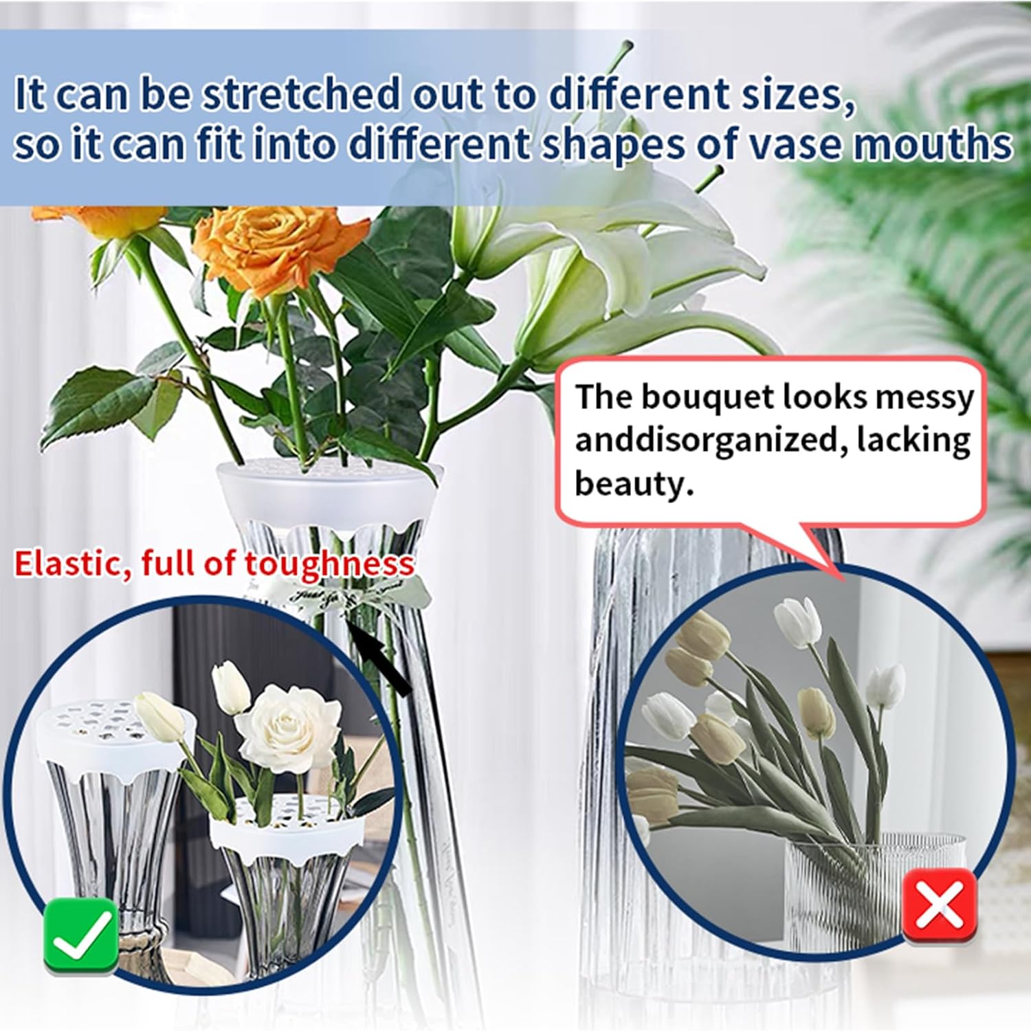 Silicone Grid Flower Arranger, Flexible Stretchable Floral Stem Holder for Vases, Waterproof Reusable Flower Grid for DIY Bouquet, Wedding & Home Vase Decoration (White,10pcs)