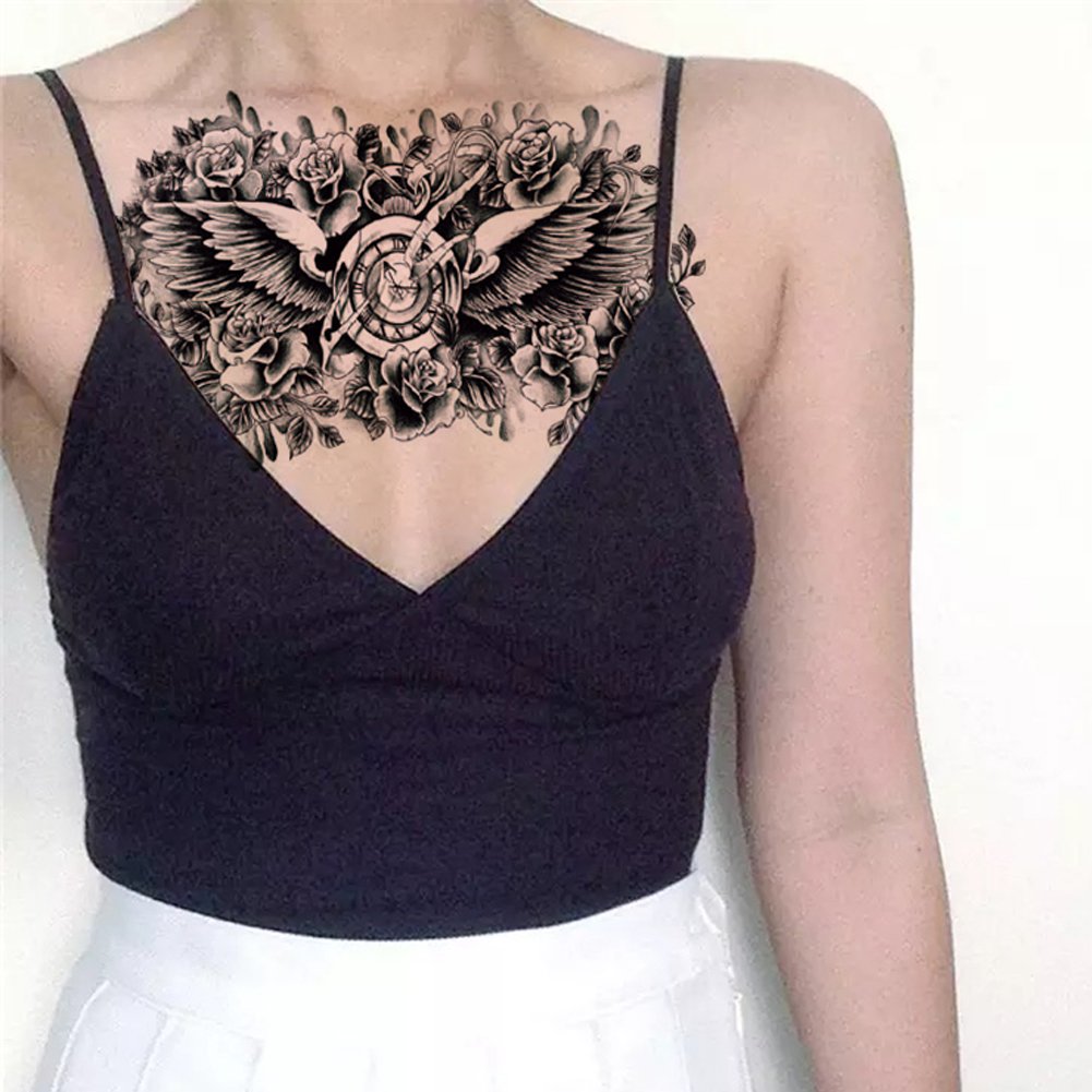 TAFLY Black Rose Wing Temporary Tattoos Sexy Chest or Back Fake Long Lasting Body Transfer Tattoos 3 Sheets