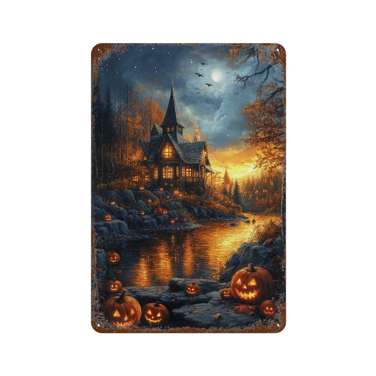 Vintage Rust Metal Sign with Halloween Haunted House Scene -5 Design 11.8"x7.9", for Shed, Workshop And Garage Wall Decor, Retro Wall Decor