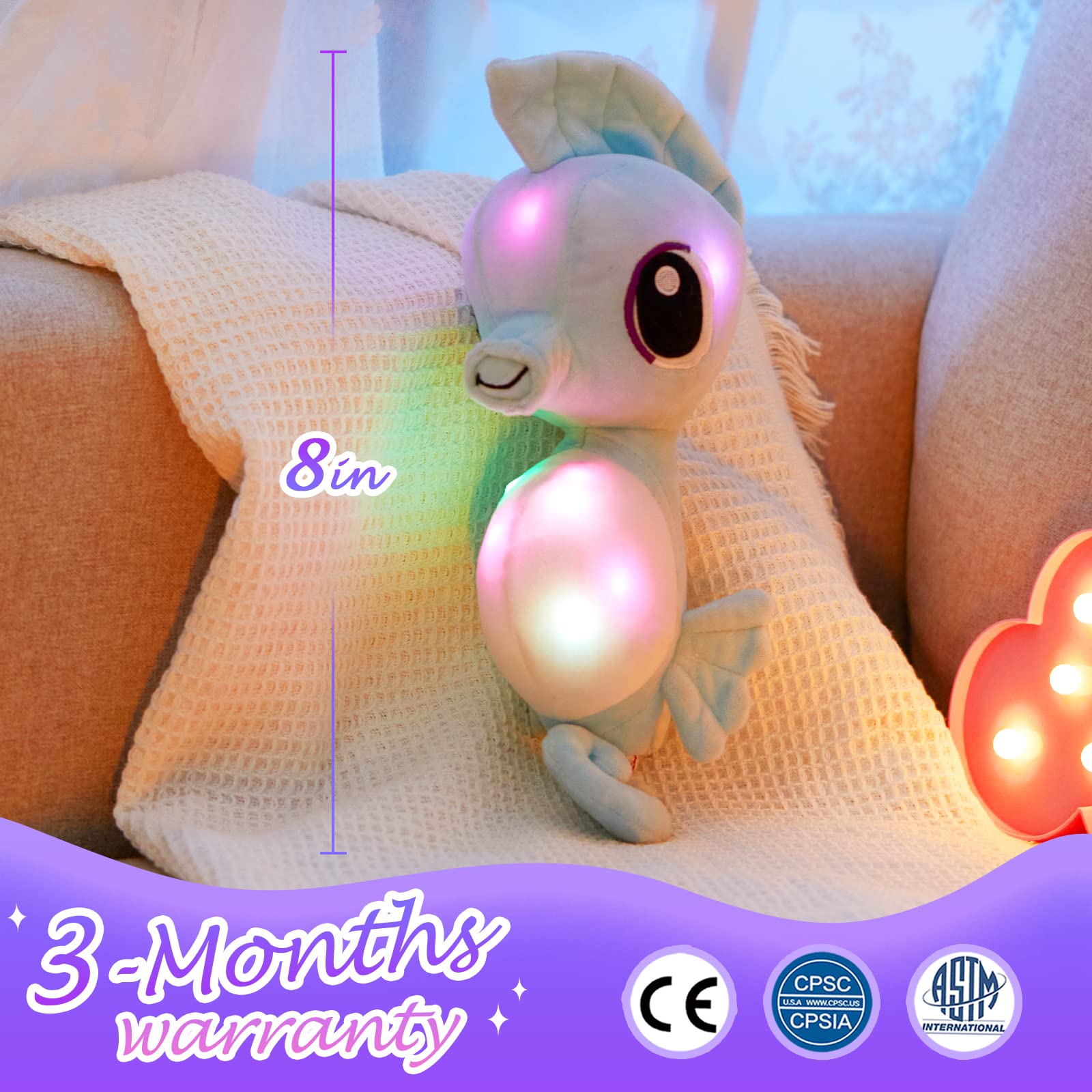 Animales de peluche con luz LED, suave, vida oceánica, juguete de peluche con luz nocturna, amigo de cama, día del niño, regalos de cumpleaños para niños pequeños, 8 pulgadas (azul) 4