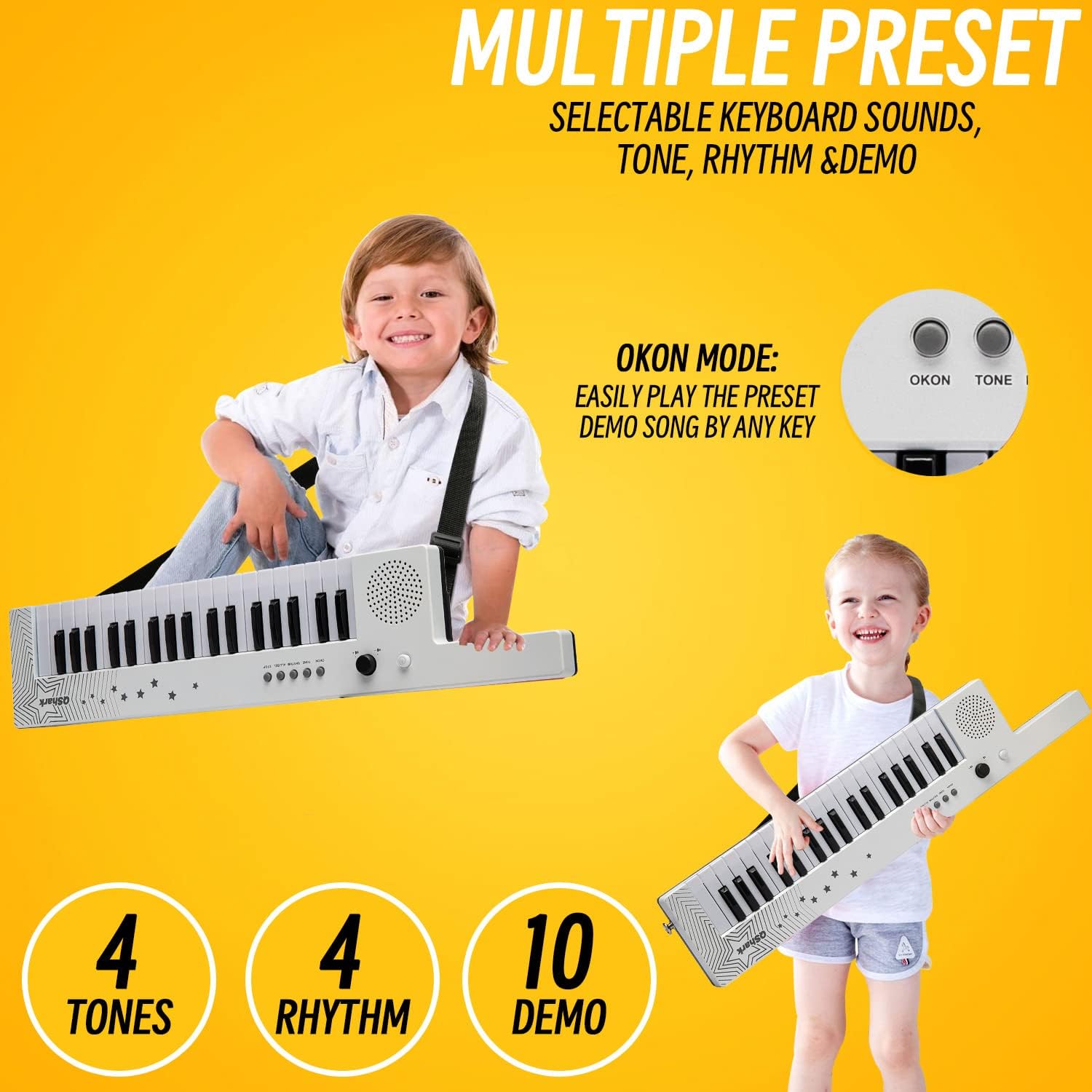 Digital Piano Keyboard 37 Keys, Portable Karaoke Keytar w/Microphone & Carry Strap, 4 Tones, 4 Rhythms, 10 Demo Songs, Rechargeable, Guitar Birthday Gift Toy for Boys Girls Kid Age 3+, White