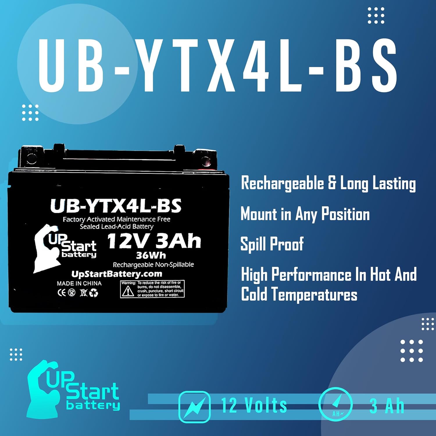4-Pack Replacement for 2004 Yamaha TTR125E/LE Electric Start 125CC Factory Activated, Maintenance Free, Motorcycle Battery - 12V, 3Ah, UB-YTX4L-BS