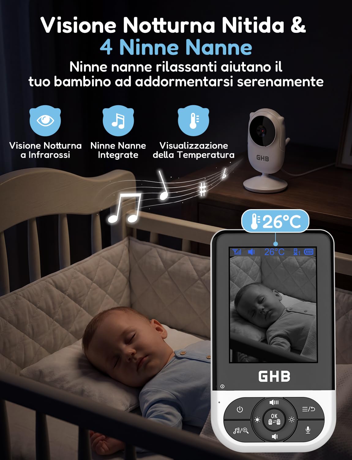 GHB Baby Monitor Video e Audio 2,8'', Telecamera Bambini con Monitor Visione Notturna, Audio Bidirezionale, Rilevamento della Temperatura, Promemoria per l'alimentazione, Ninna Nanna, Nero