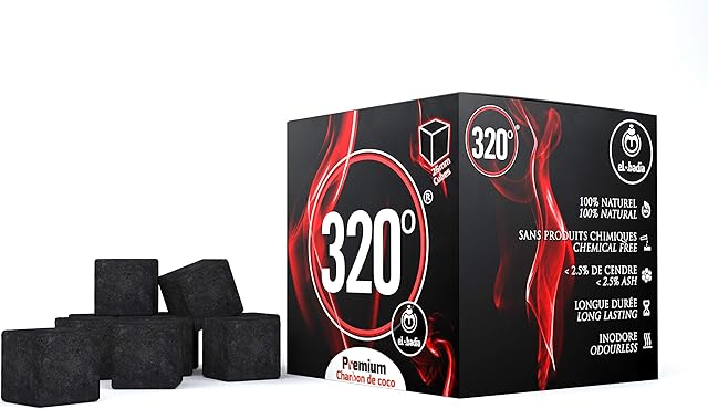 320° Premium Shisha Coconut Charcoal Coal (26mm Cube) for Hookah BBQ - 1 kg - 64 Pieces
