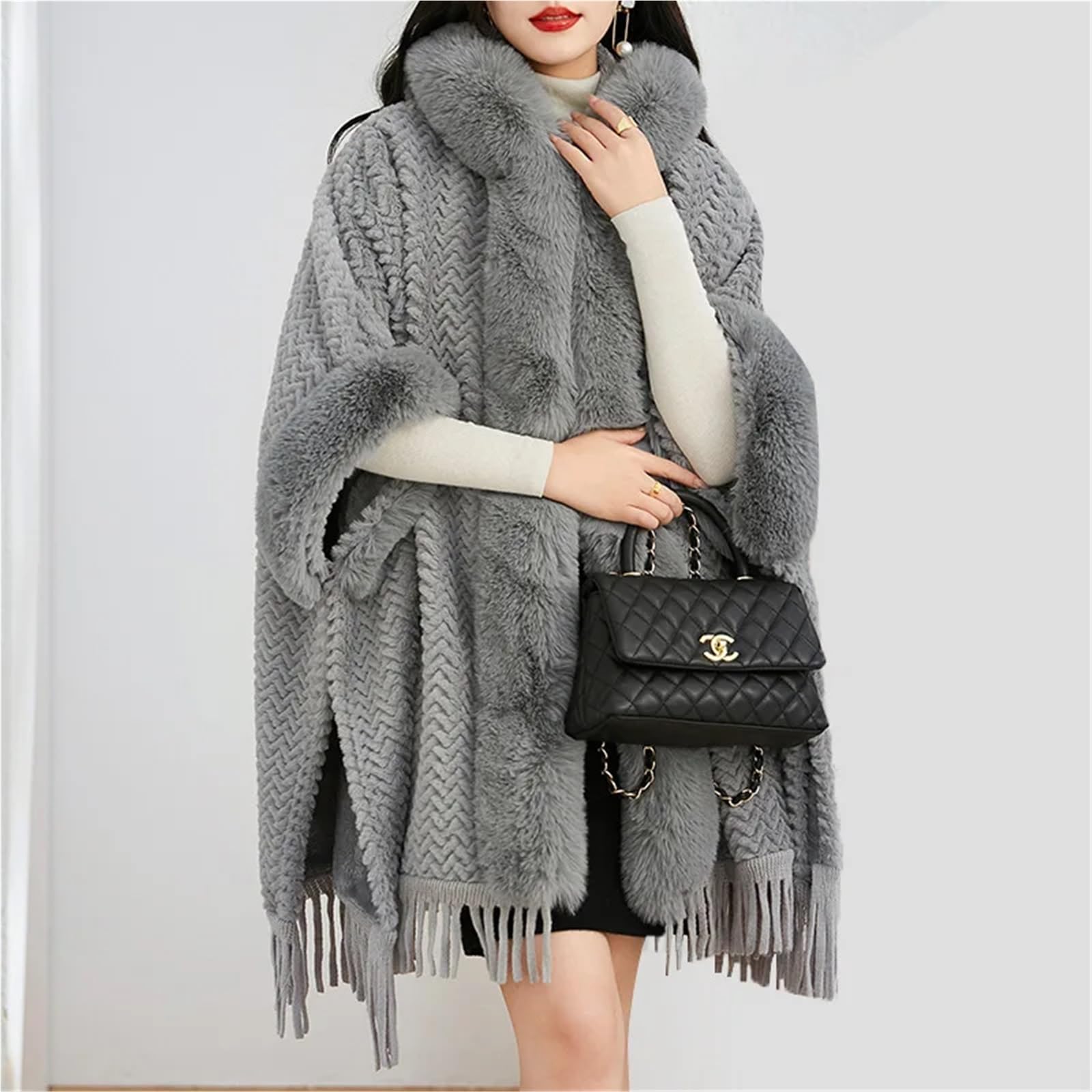 Poncho Donna Poncho Invernale Caldo e Spesso, Mantello di Velluto da Donna, Soprabito con Nappe pelose, Collo in Pelliccia Sintetica