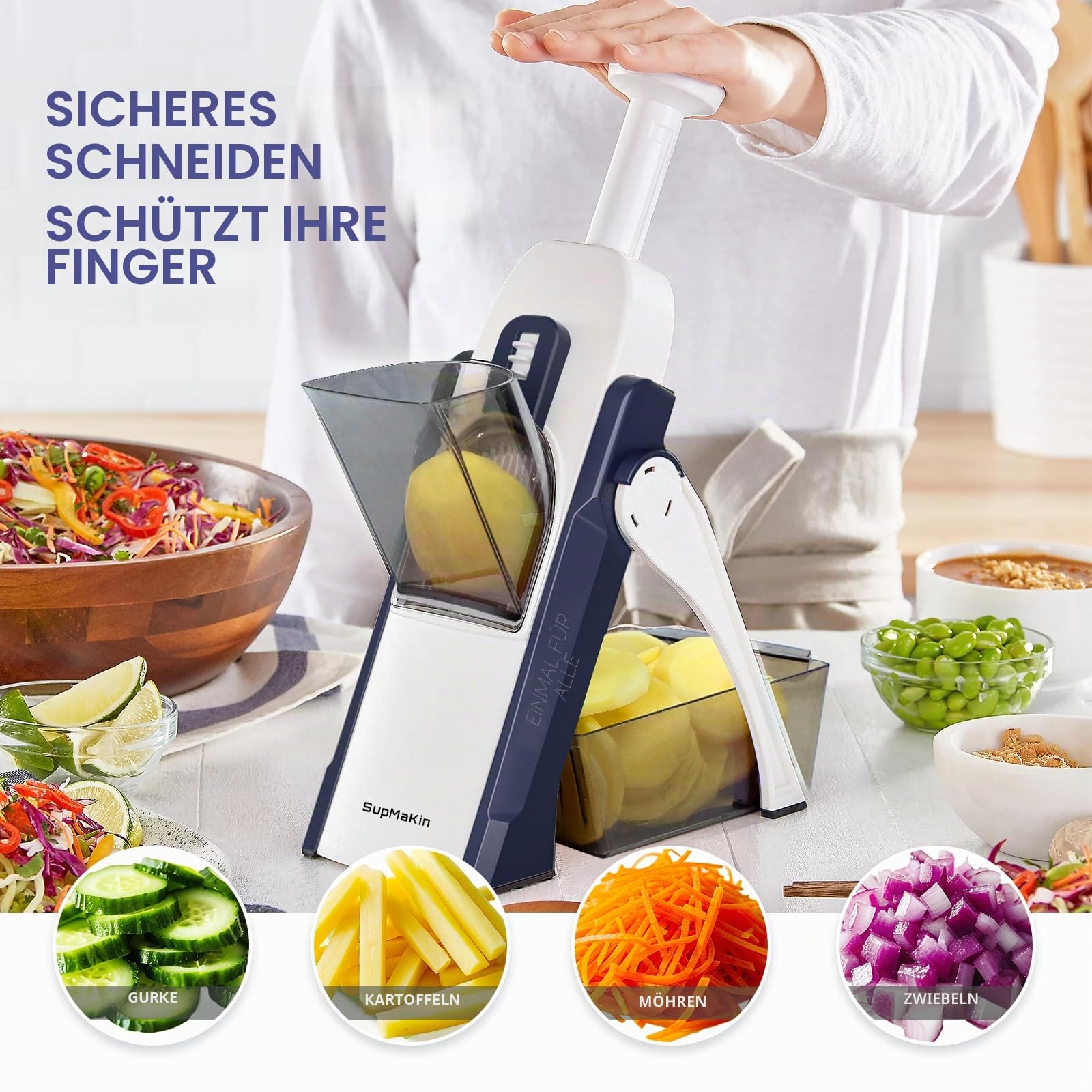 SUPMAKIN Gemüseschneider mit Auffangbecken – Manueller Gemüsehobel & Pommesschneider, Verstellbar 0,1–8 mm, Gurkenhobel Zwiebelschneider Mandoline Julienne Küchen Gemüse Küchenzubehör (6 in 1)
