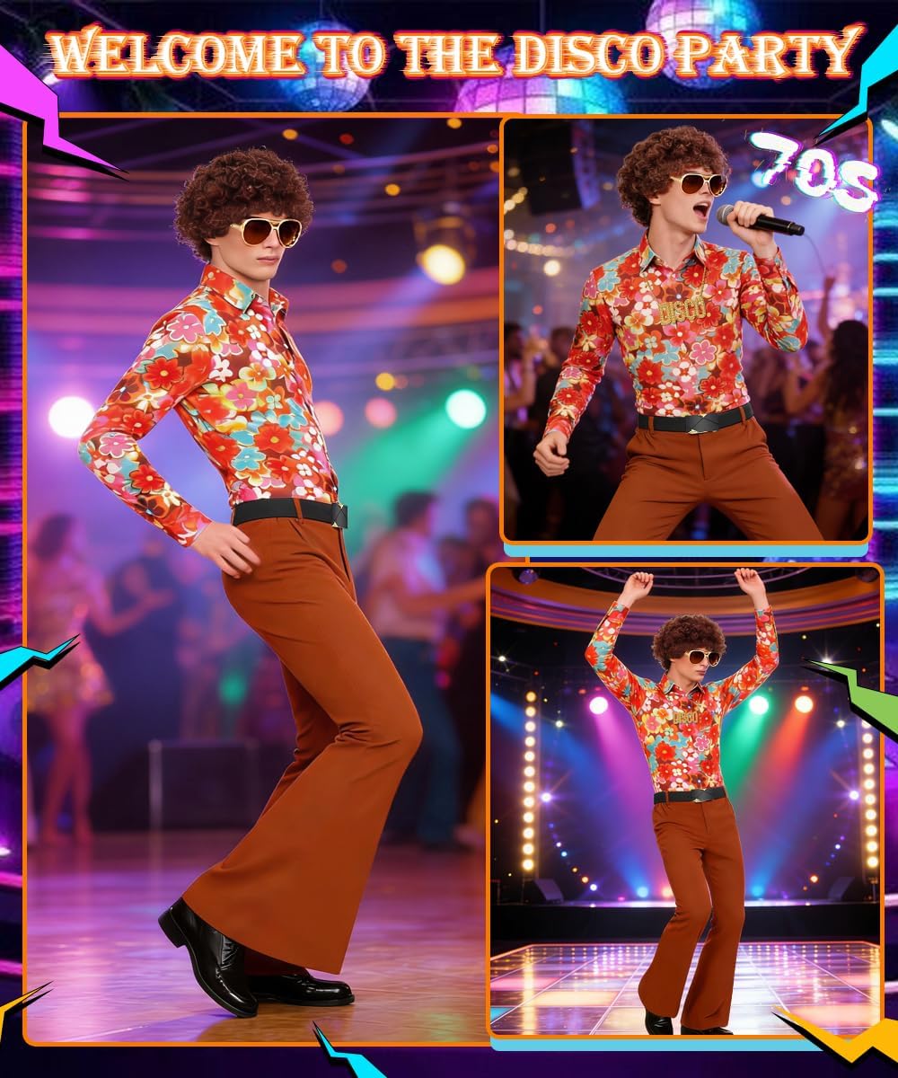 TOLOYE 70s Outfits for Men - 9 Pcs Disco Outfits Costume Wig Shirt Bell Bottom Pants with Accessories for 70s Retro Party
