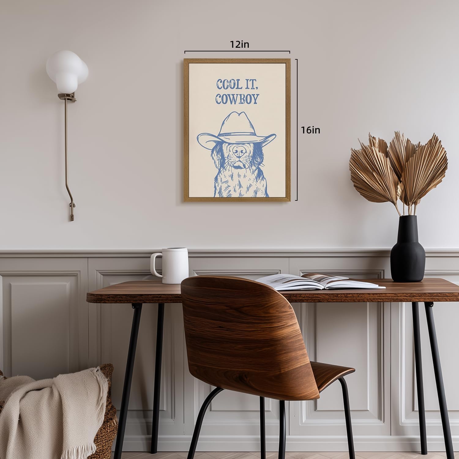 CGXY Wood Framed Western Cowboy Wall Art, Minimalist Dog Cowboy Poster Print, Funny Cool It Cowboy Quote Wall Decor, Rustic Farmhouse Animal Line Artwork for Living Room Bedroom 12x16 Inch