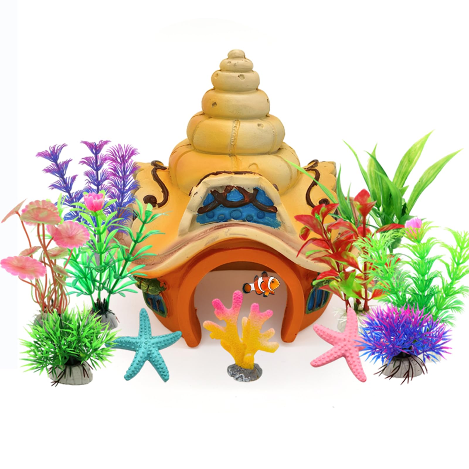 Fish Tank Decorations kit, Aquarium Decor Sea Shell House x 1pc, Fish Tank Accessories Aquatic Plants x 8pcs, Starfish x 2pcs, Coral x 1pcs.