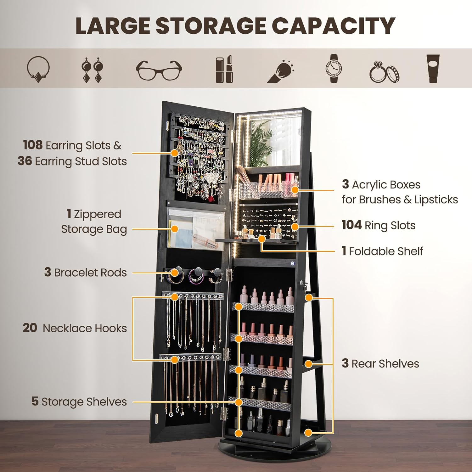 CHARMAID Swivel LED Mirror Jewelry Cabinet Armoire, Full Length Mirror with Storage, 3 Color & Adjustable Lights, Lockable Standing Jewelry Organizer with Lighted Mirror (Black) - Image 6