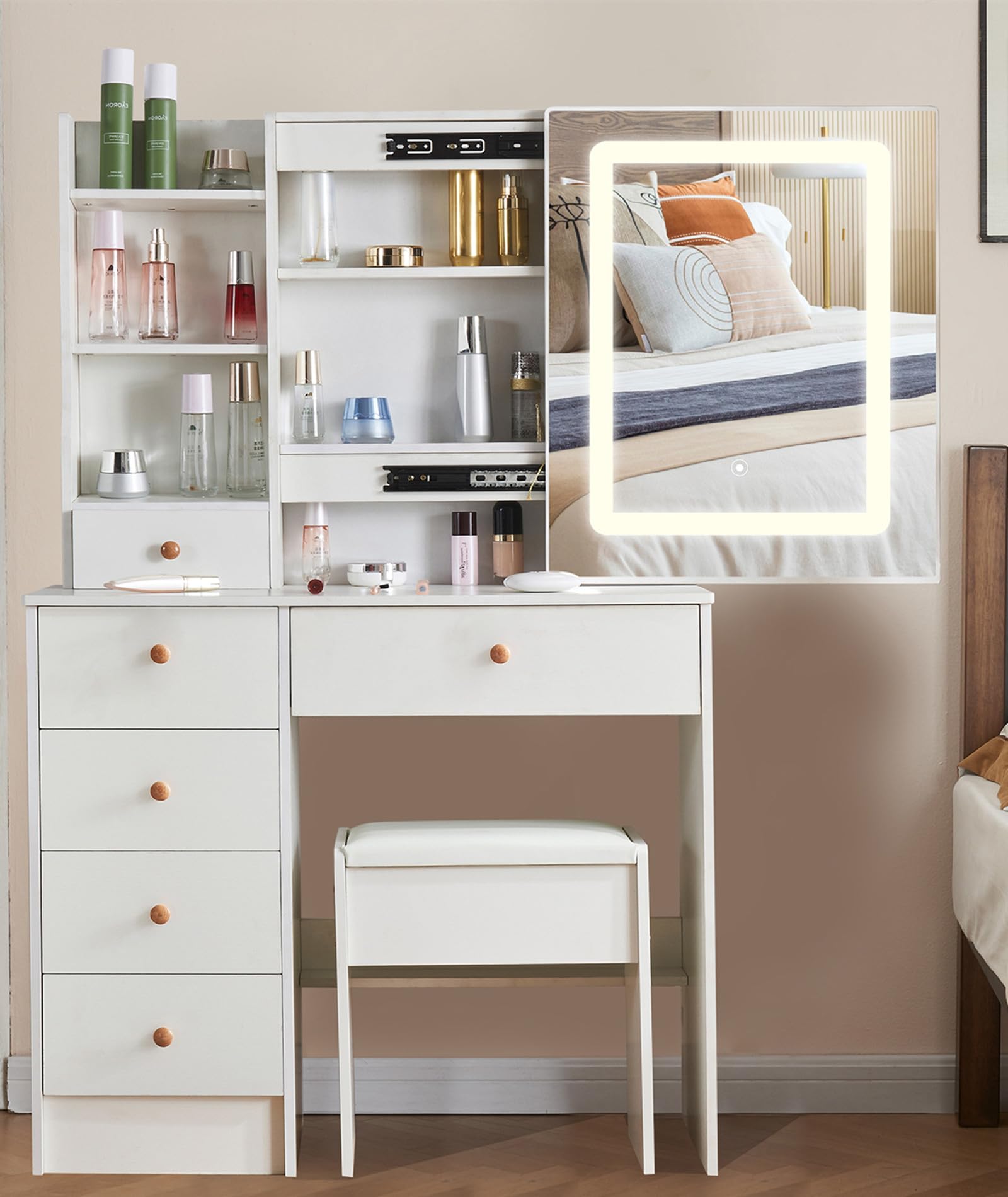 White Vanity Desk with Mirror and Lights, Makeup Vanity Desk with 5 Drawers of Storage, Bedroom Makeup Dressing Table with Stool, White (JTO-09)
