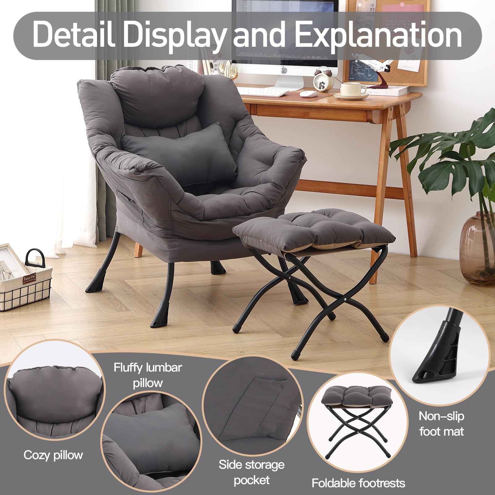 Silla perezosa con otomana, silla decorativa moderna con almohada lumbar, sillas cómodas con reposapiés plegable para dormitorio, lectura, sillas de descanso de apoyo de gran tamaño (gris 4