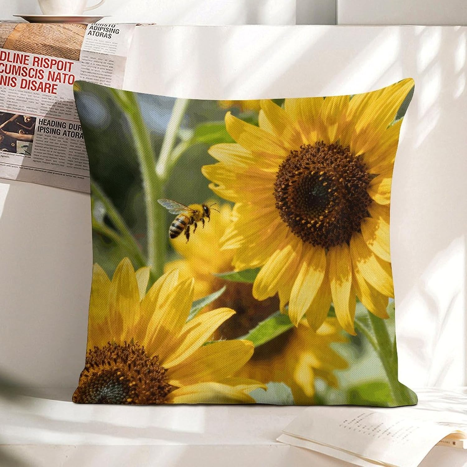 Bees Sunflowers Pillow Protectors Cute Waterproof Pillow Cover Soft Skin-Friendly Cushion Case Decorative Square Cushion Cover for Couch Sofa Bed Living Room Bedroom