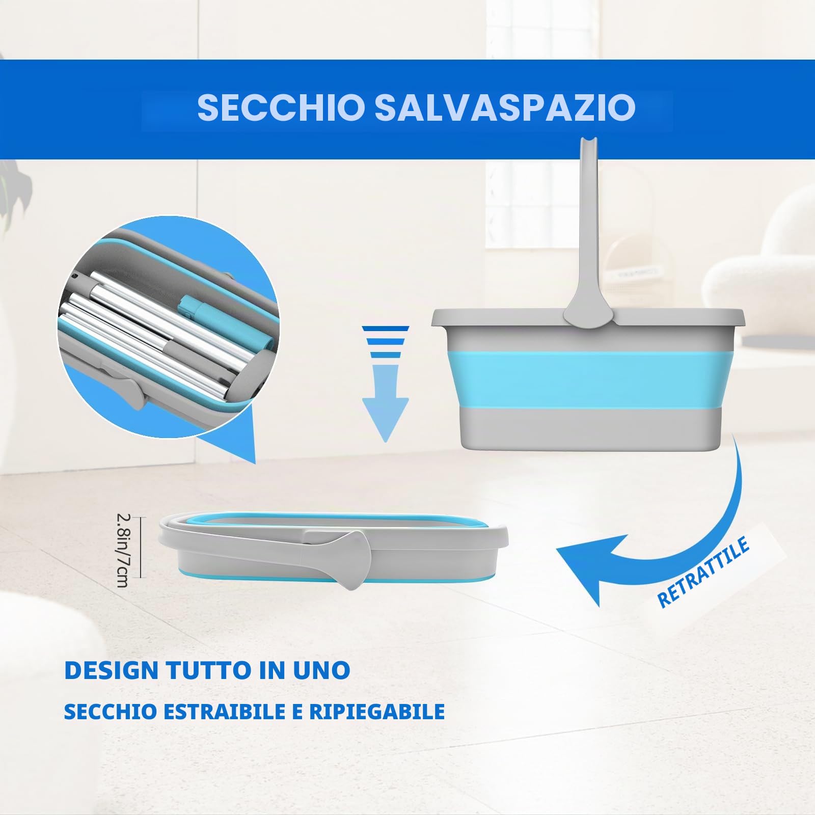 Mocio piatto in alluminio premium da 400 mm con set di secchio pieghevole e panni microfibra riutilizzabili per mocio a mani libere spremere 134 cm manico bagnato