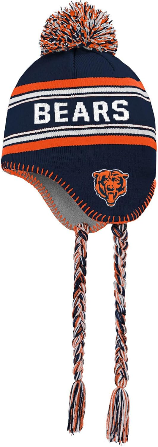 NFL Kids Youth 8-20 Team Color Primary Logo Jacquard Tassel Cold Weather Football Pom Beanie Knit Hat One Size