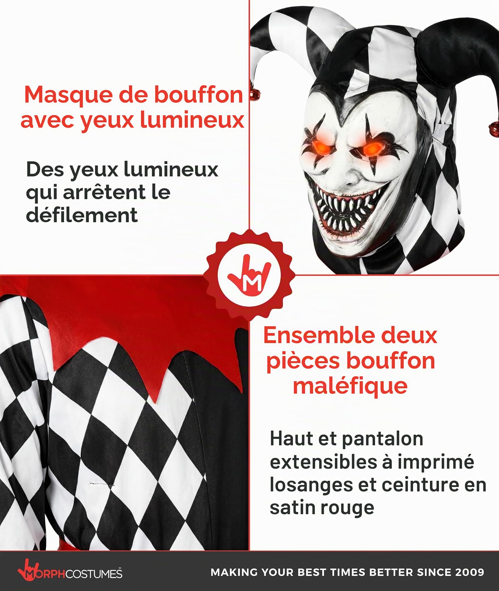 Morph Deguisement Arlequin Homme, Costume Bouffon Halloween Homme