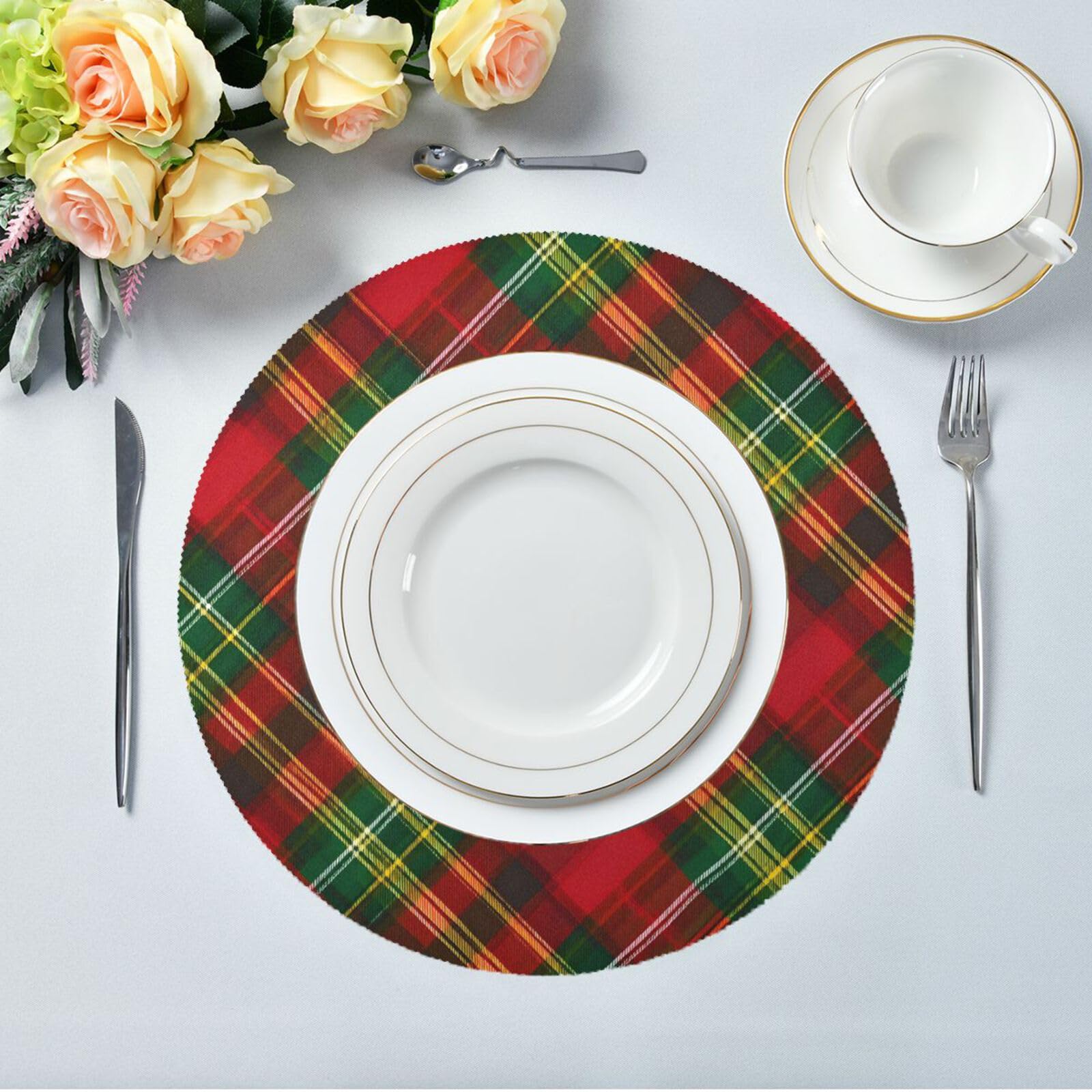 ALAZA Lot de 6 sets de table ronds pour table de salle à manger Motif tartan Rouge/vert/jaune