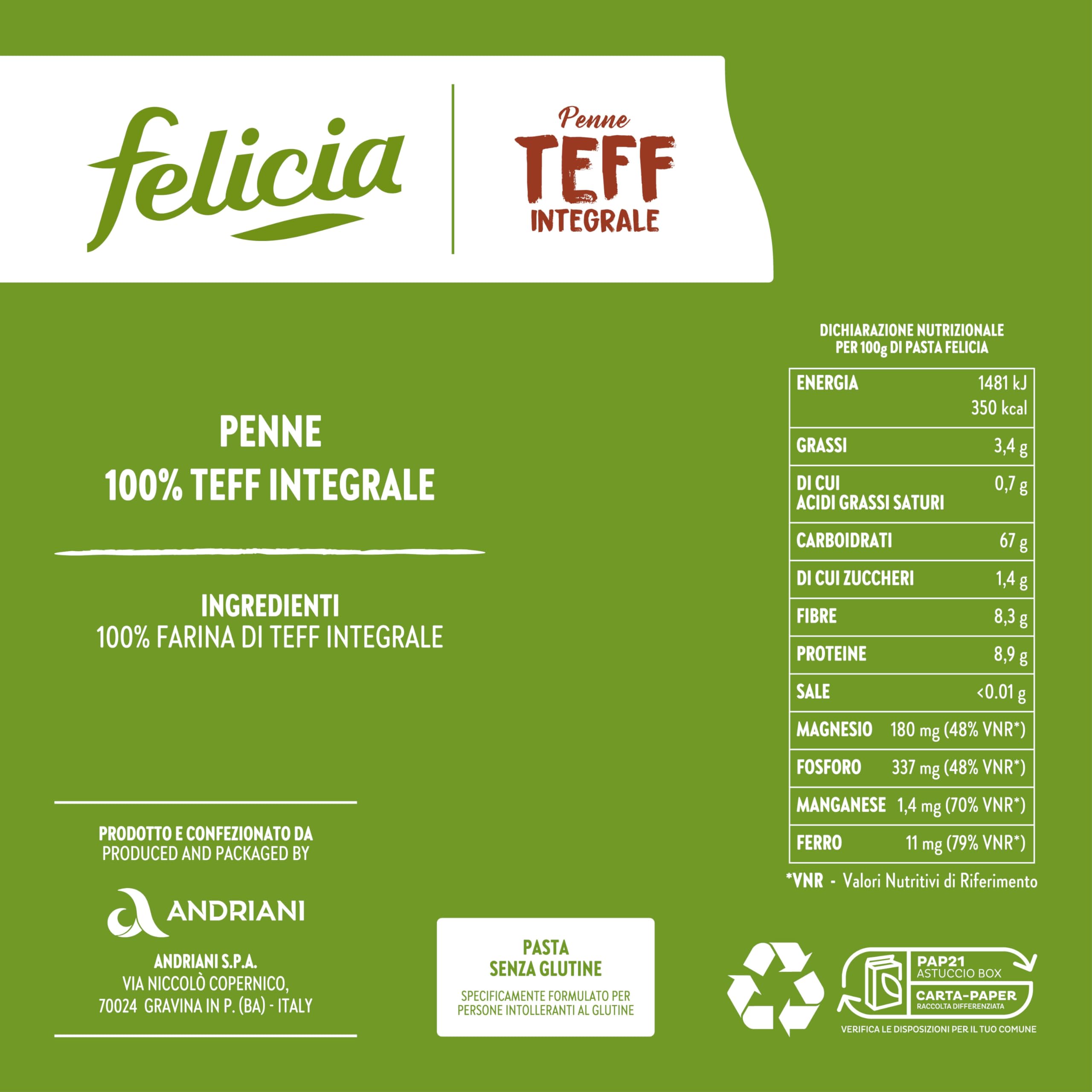 Felicia, Penne Rigate di Teff Integrale, Pasta Biologica Ricca Fonte Fibre, Ferro, di Magnesio e di Fosforo, Conserva il Gusto Autentico della Cucina Etiope, Vegan, Box da 12 Confezioni