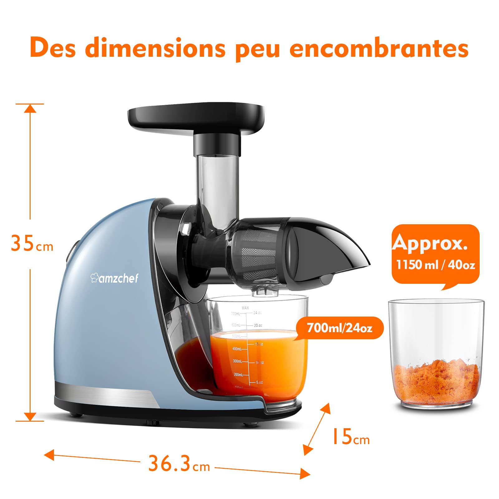 AMZCHEF Extracteur Jus Fruits Légumes Froid sans BPA 2 Tasses Brosse Fonction Mastication Inversée Bleu Doux