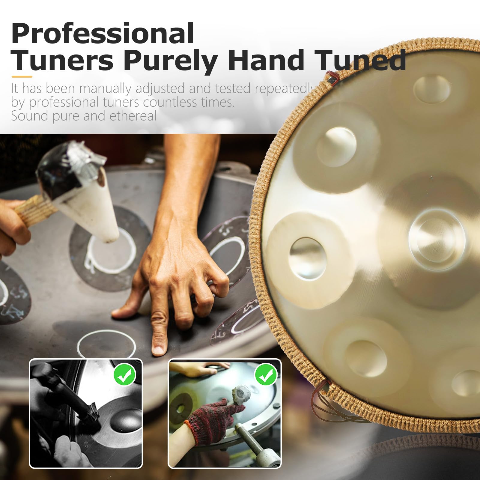 Handpan Drum, 12 Töne 22 Zoll Steel Instrument 440/432h Gold in D Minor Zungentrommel Mit Weicher Tasche, Schlägeln, Handtrommelständer für Anfänger, Profis, Musiktherapie (440Hz)